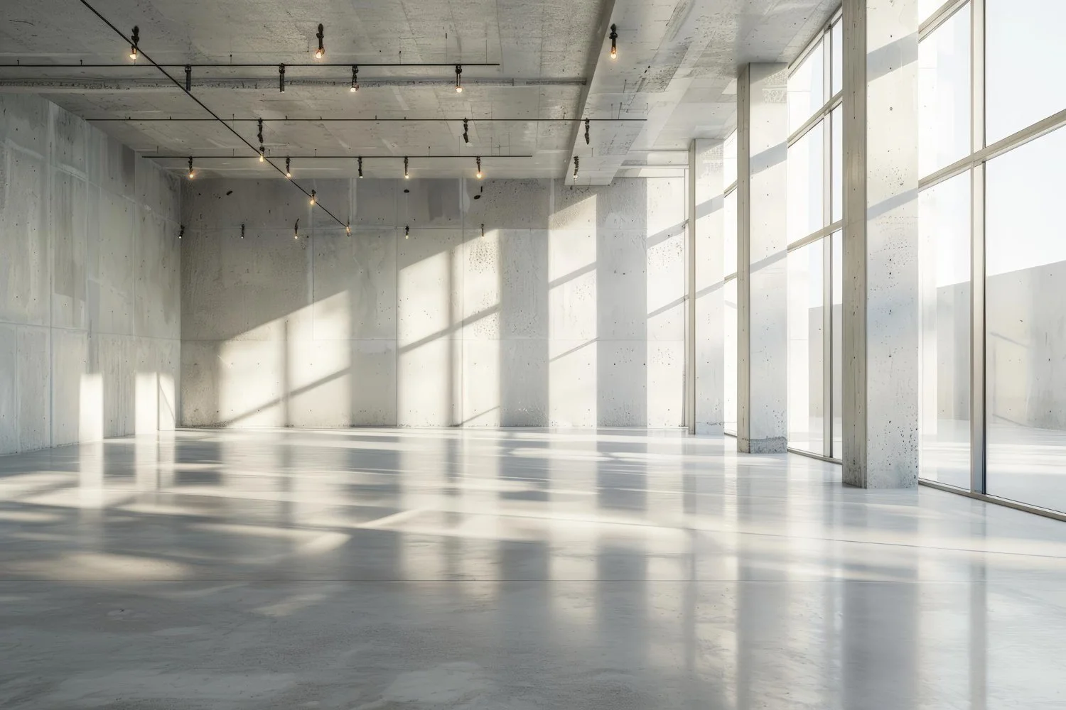 Ein heller, moderner Raum mit großen Fenstern, Betonwänden und -decken sowie einer glatten, leeren Bodenfläche, die Sonnenlicht und Schatten wirft.