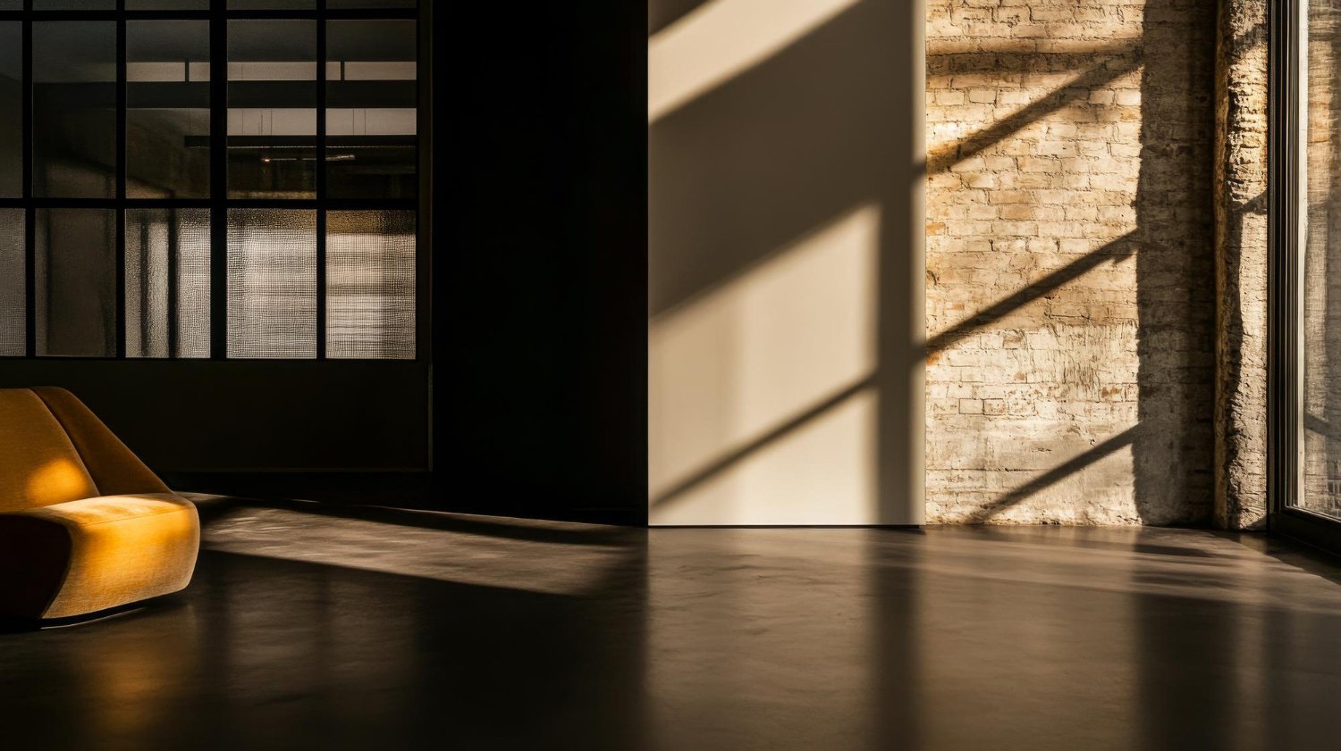 Innenraum mit Holzboden, braunem Sofa, dunklen Wänden, einer Wand aus Backstein, großer Fensterfront, Sonnenschein und Schatten an der Wand.