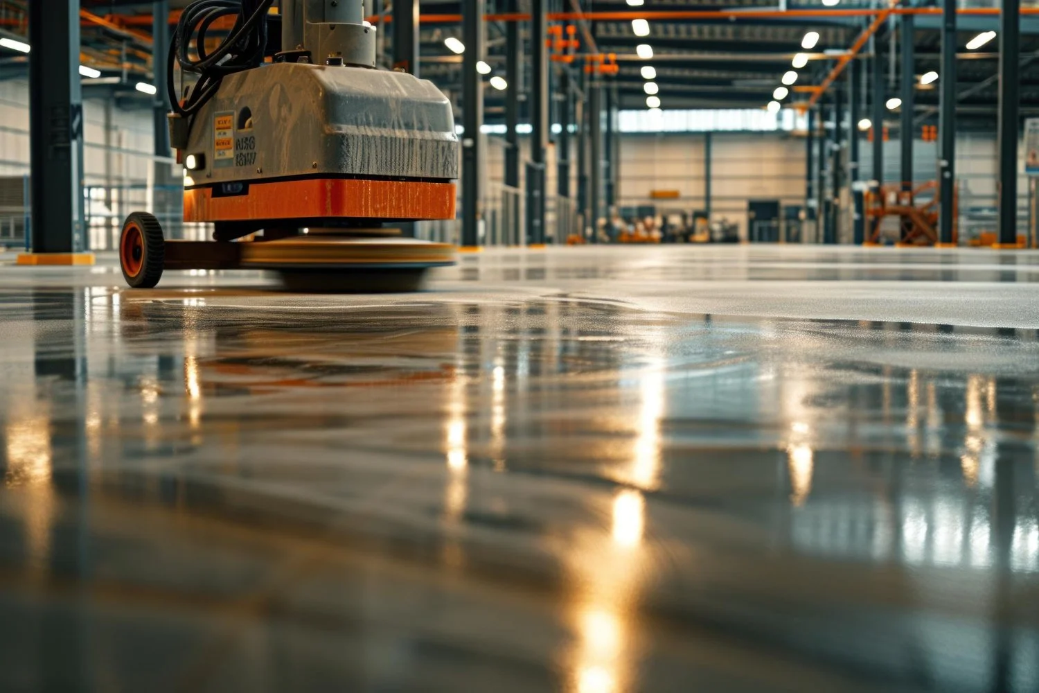 Ein automatischer Bodenreiniger in einer Industriehalle, der den Boden säubert und dabei Wasser- und Staubspuren hinterlässt.