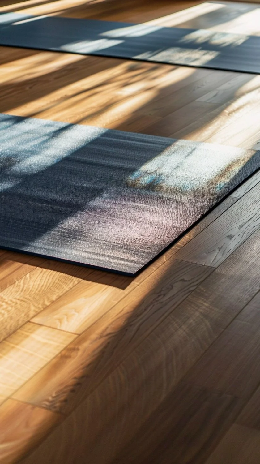 Boden mit Yoga-Matten, Sonnenlicht und Schatten auf Holzboden