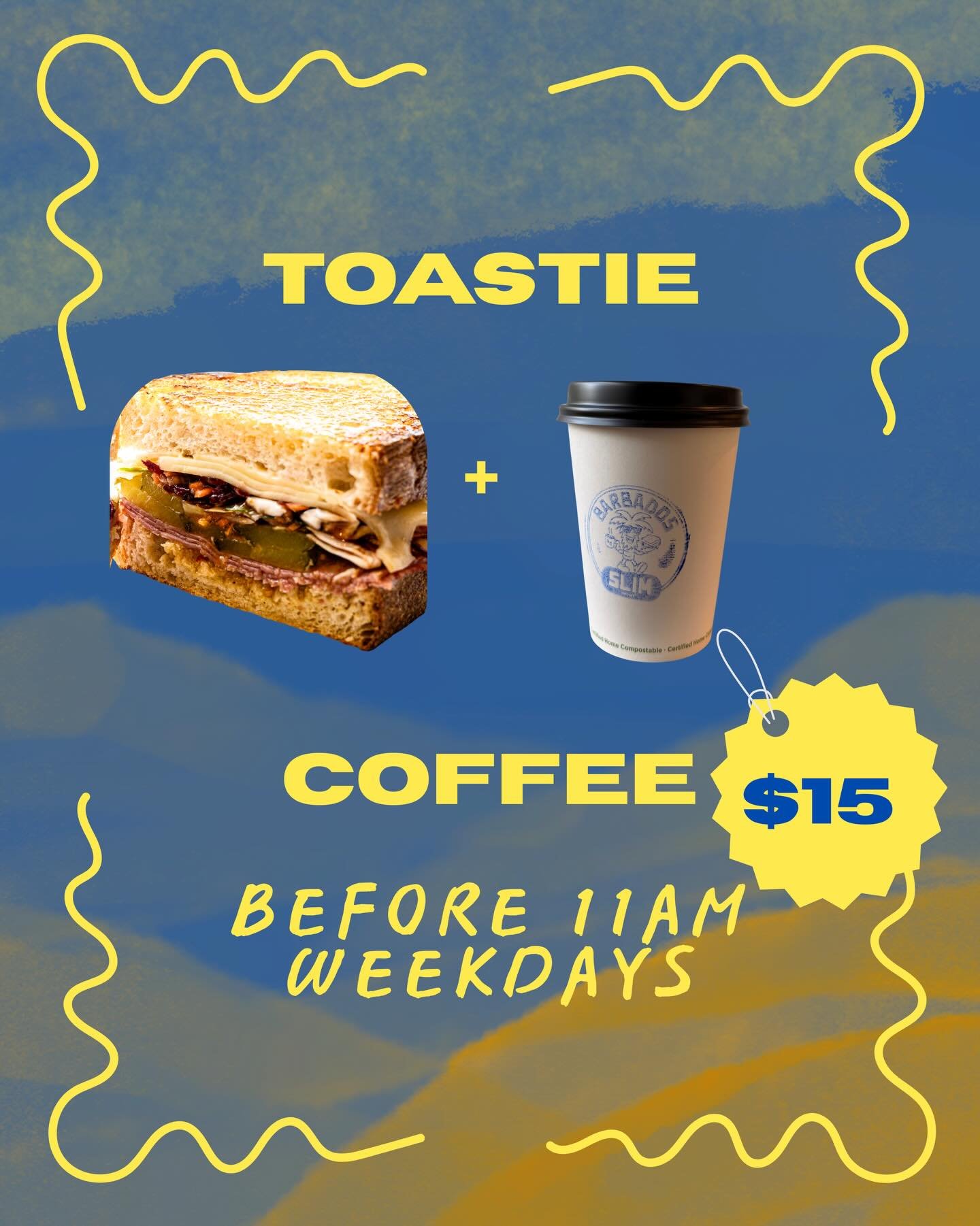 Toastie cravings don&rsquo;t keep office hours 😏
Any toastie + coffee for $15 before 11am, breakfast, brunch or early lunch, we&rsquo;ve got you.