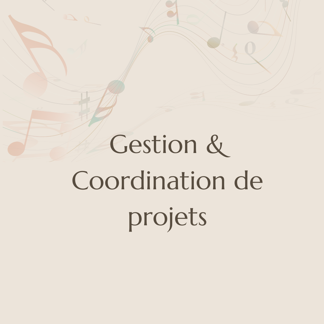 Capture d'écran d'un fond beige avec des notes de musique flottantes et le texte 'Gestion & Coordination de projets' au centre.