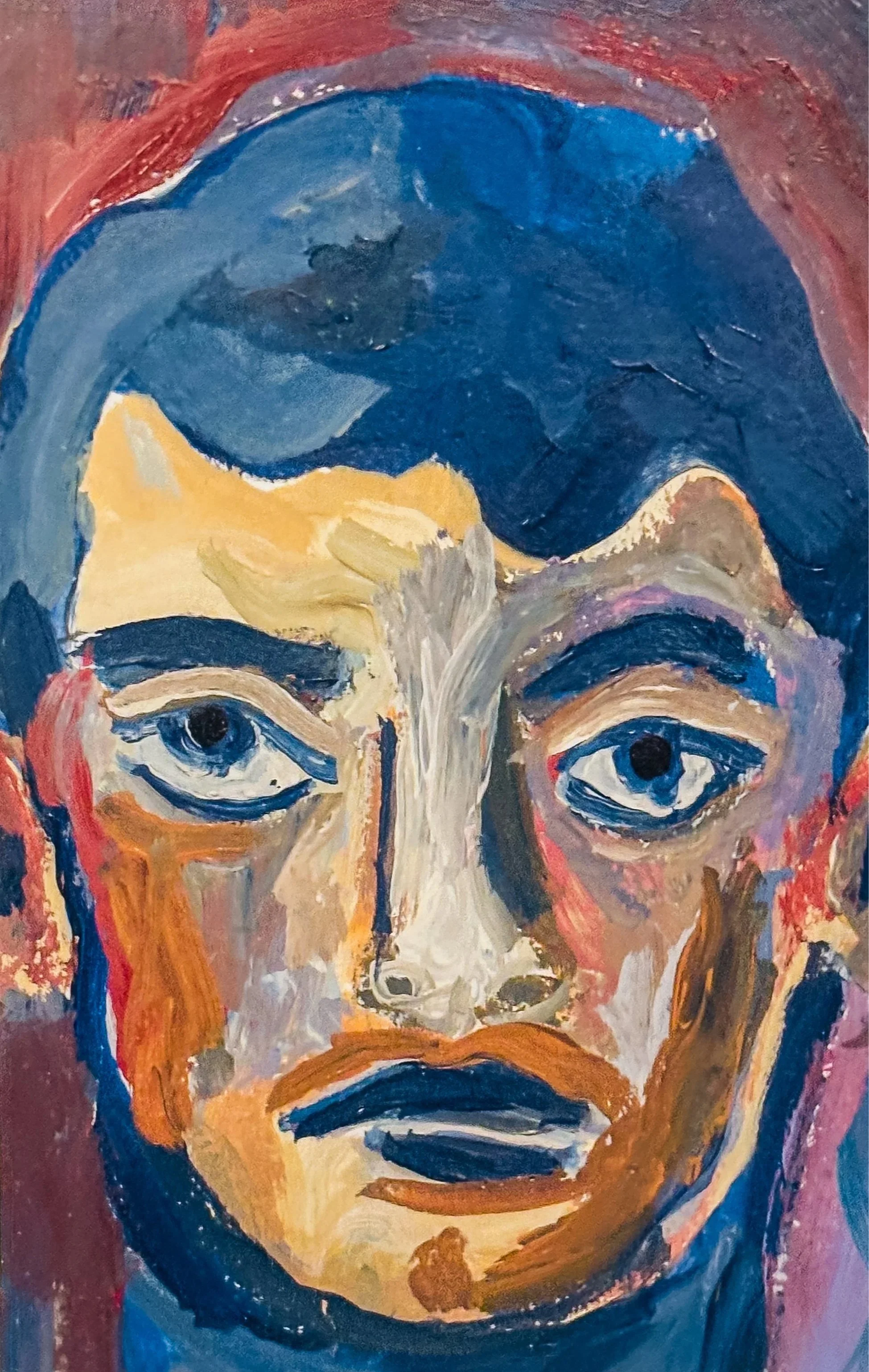 An abstract portrait of a person's face painted with bold, expressive brushstrokes in shades of blue, beige, orange, and purple.