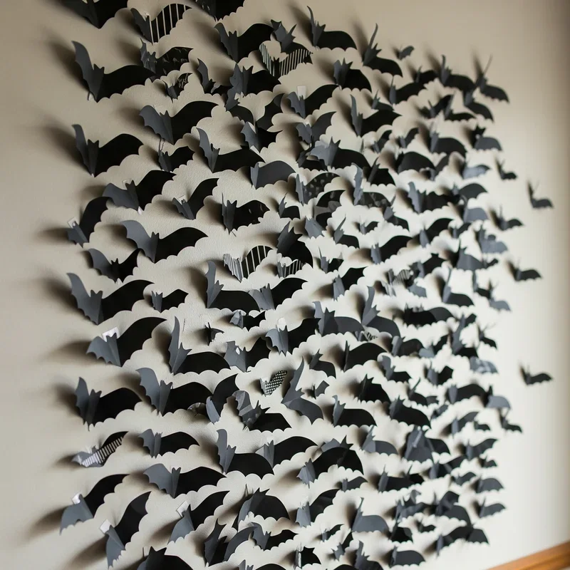 Hanging bat mobile installation in front of a window