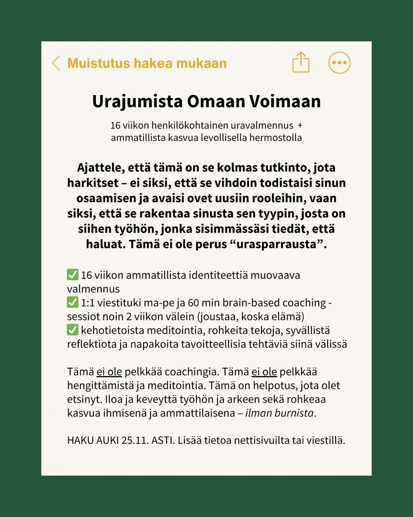 Jos sie olet ihminen, joka on valmis avaamaan ovet ty&ouml;h&ouml;n, jossa tied&auml;t, ett&auml; sinun sisimm&auml;ss&auml;si kuuluukin olla, niin mie haluan, ett&auml; sie l&auml;hdet minun 16 viikon yksil&ouml;valmennukseen.

Se on sulle, joka ole
