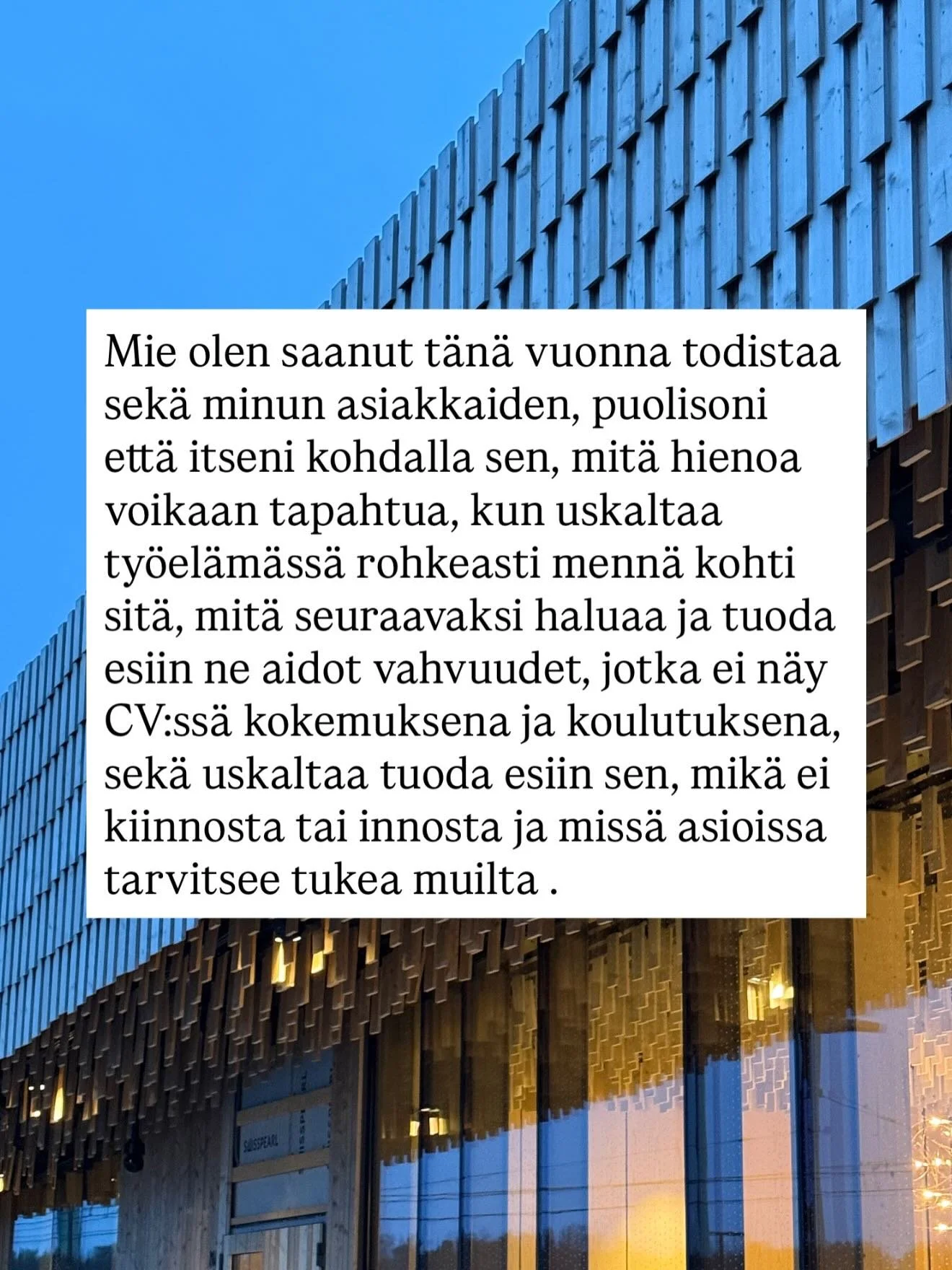 Vuodesta 2025 otan ensi vuoteen mukaan n&auml;m&auml; oppikokemukset:

👉 Ammatillinen identiteetti on el&auml;v&auml;inen asia.

Kun syksyll&auml; siirryin p&auml;&auml;toimiseksi yritt&auml;j&auml;ksi, saavutin tavoitteen, jonka eteen olin tehnyt t