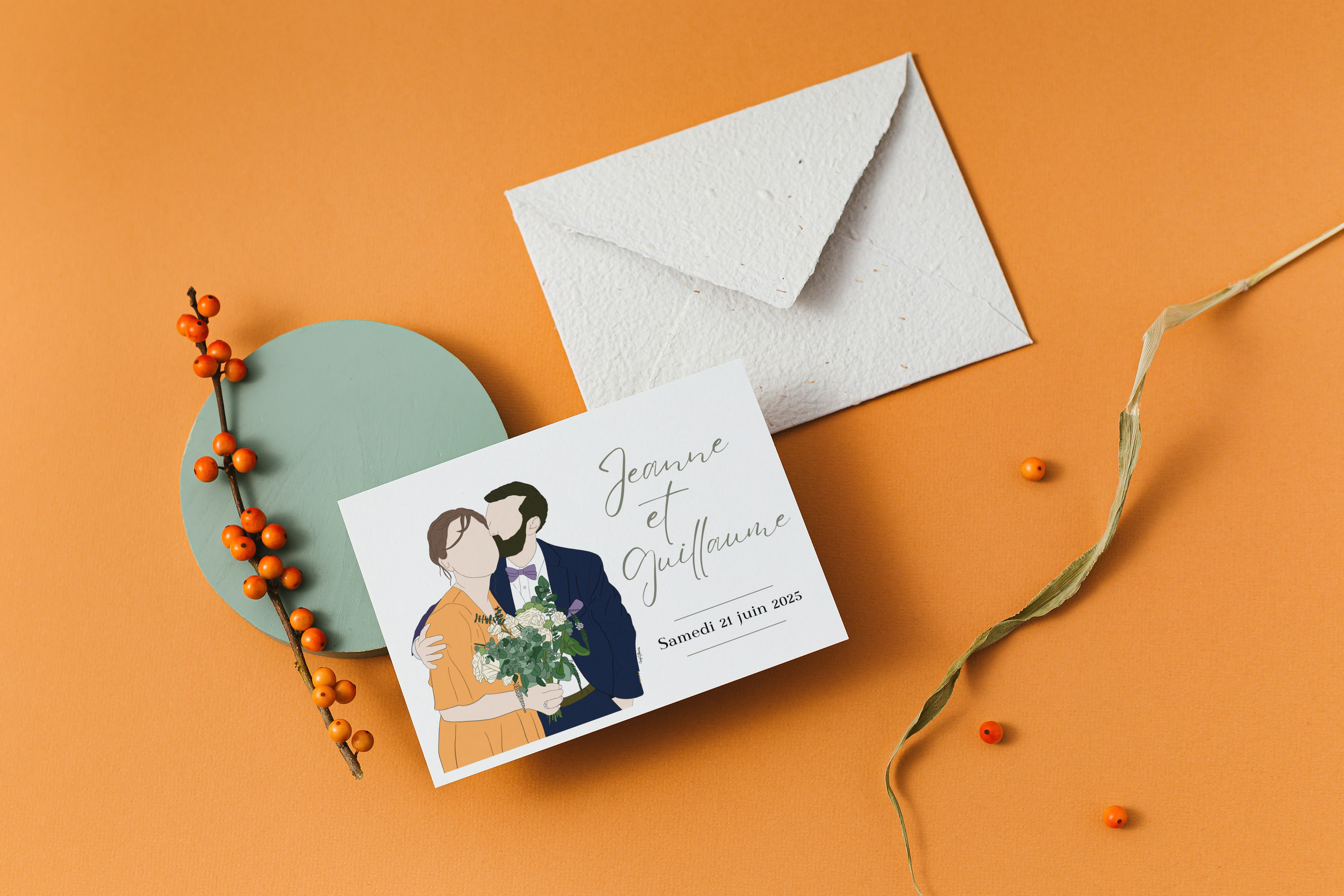 Carte de mariage avec illustration d'un couple se tenant dans les bras, entourée de décorations orange sur un fond orange. Inclut une ligne de texte avec les noms 'Jeanne et Guillaume' et la date 'Samedi 21 juin 2025'.
