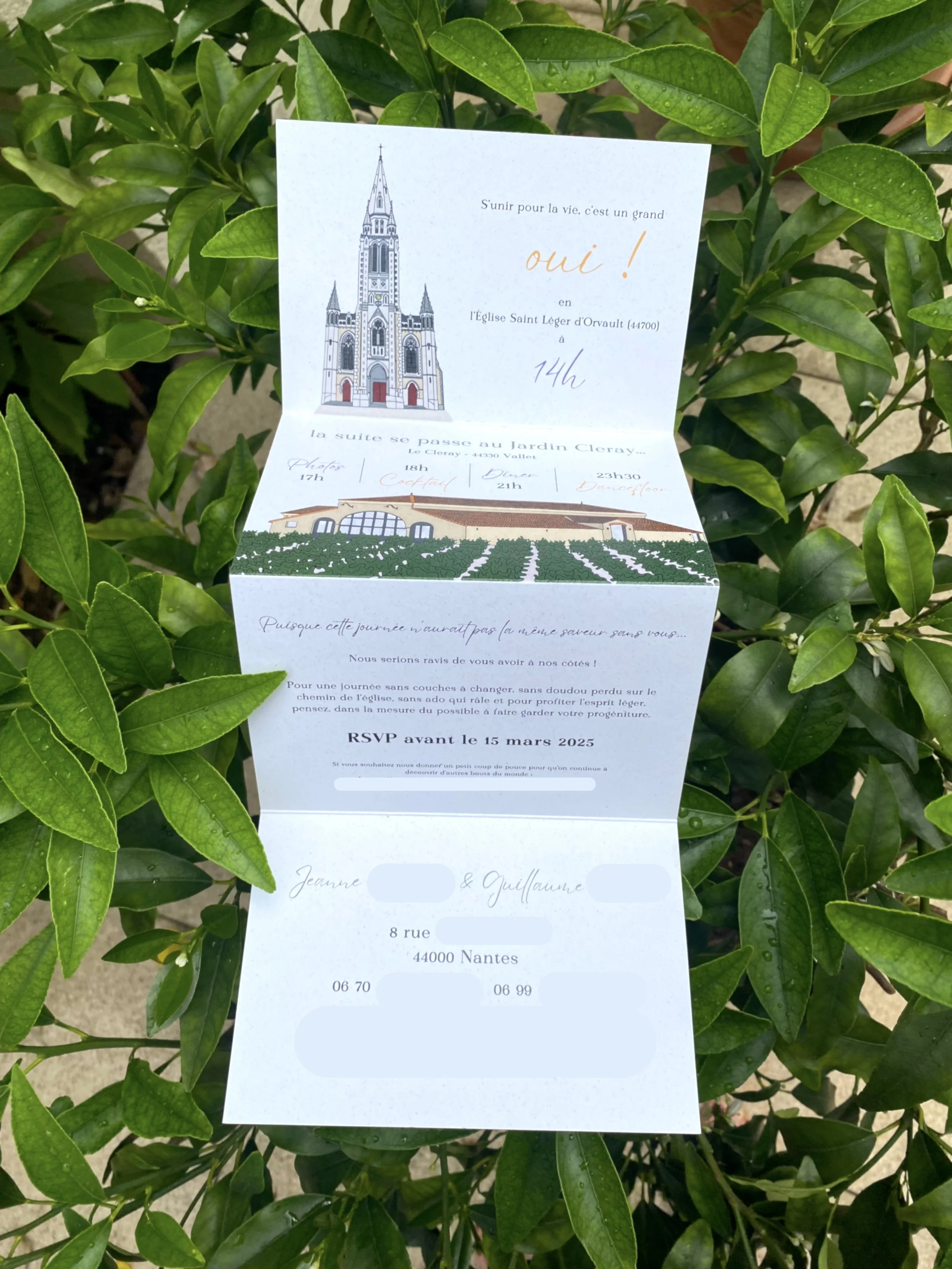 Invitation à un mariage ou événement, avec une illustration d'une église et une vue d'une serre ou jardin, posée sur des feuilles vertes.