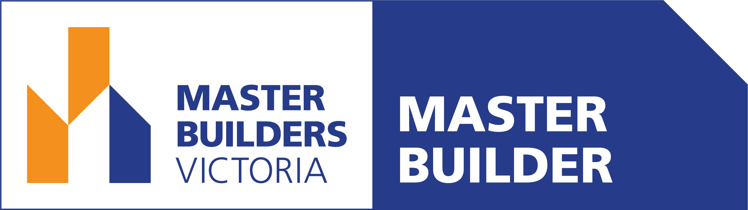 Logo for Master Builders Victoria, featuring a stylized house icon and the text 'Master Builders Victoria' and 'Master Builder' in bold blue letters.