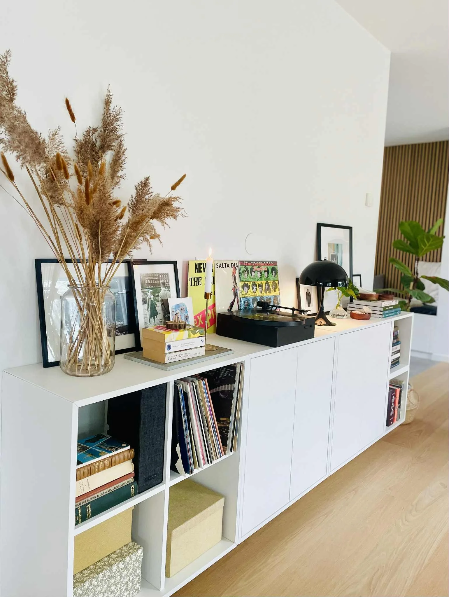 En hvit TV-benk med bokhyller fylt med bøker, bilderammer, en platespiller, blomster i en krukke og dekorative gjenstander. Det er også en stor vase med tørre planter på venstre side.