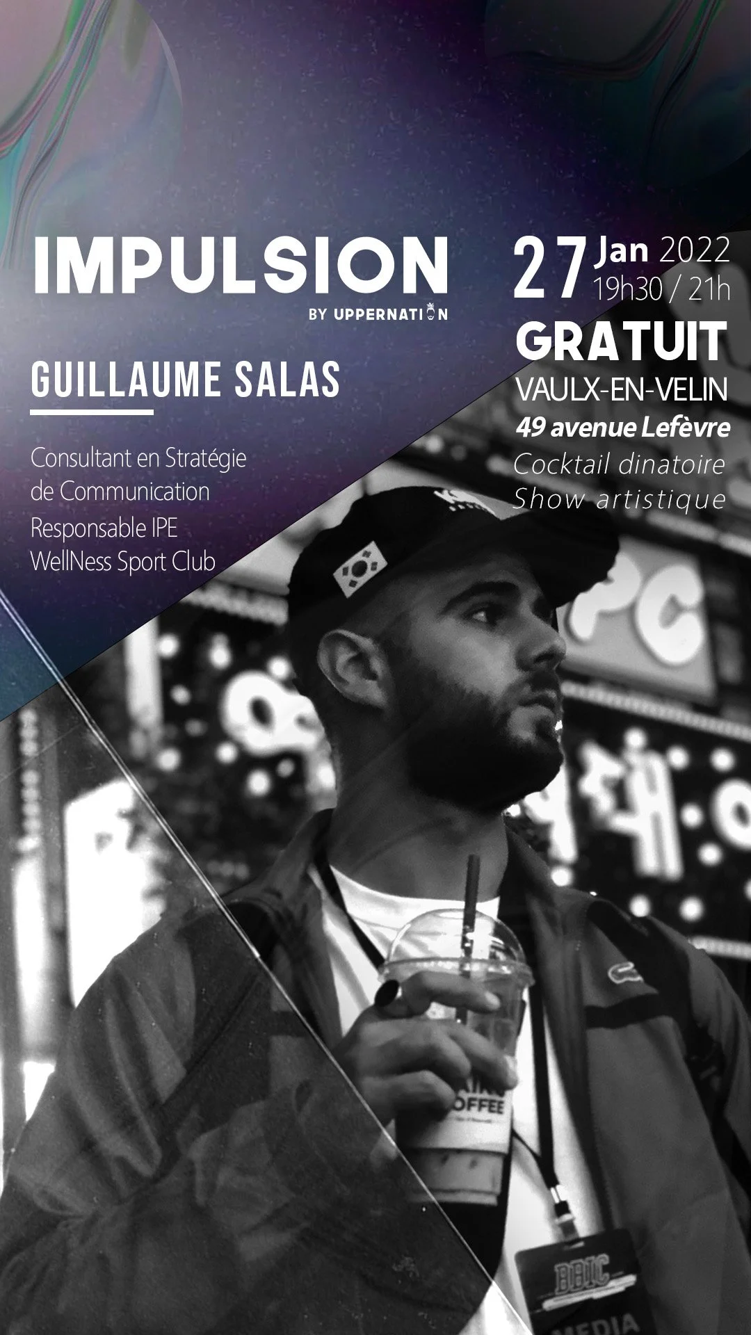 Affiche promotionnelle pour un événement nommé IMPULSION avec Guillaume Salas, qui a lieu le 27 janvier 2022 à Vaulx-en-Velin. L'événement est gratuit, se déroule de 19h30 à 21h, avec un cocktail dinatoire et un spectacle artistique.