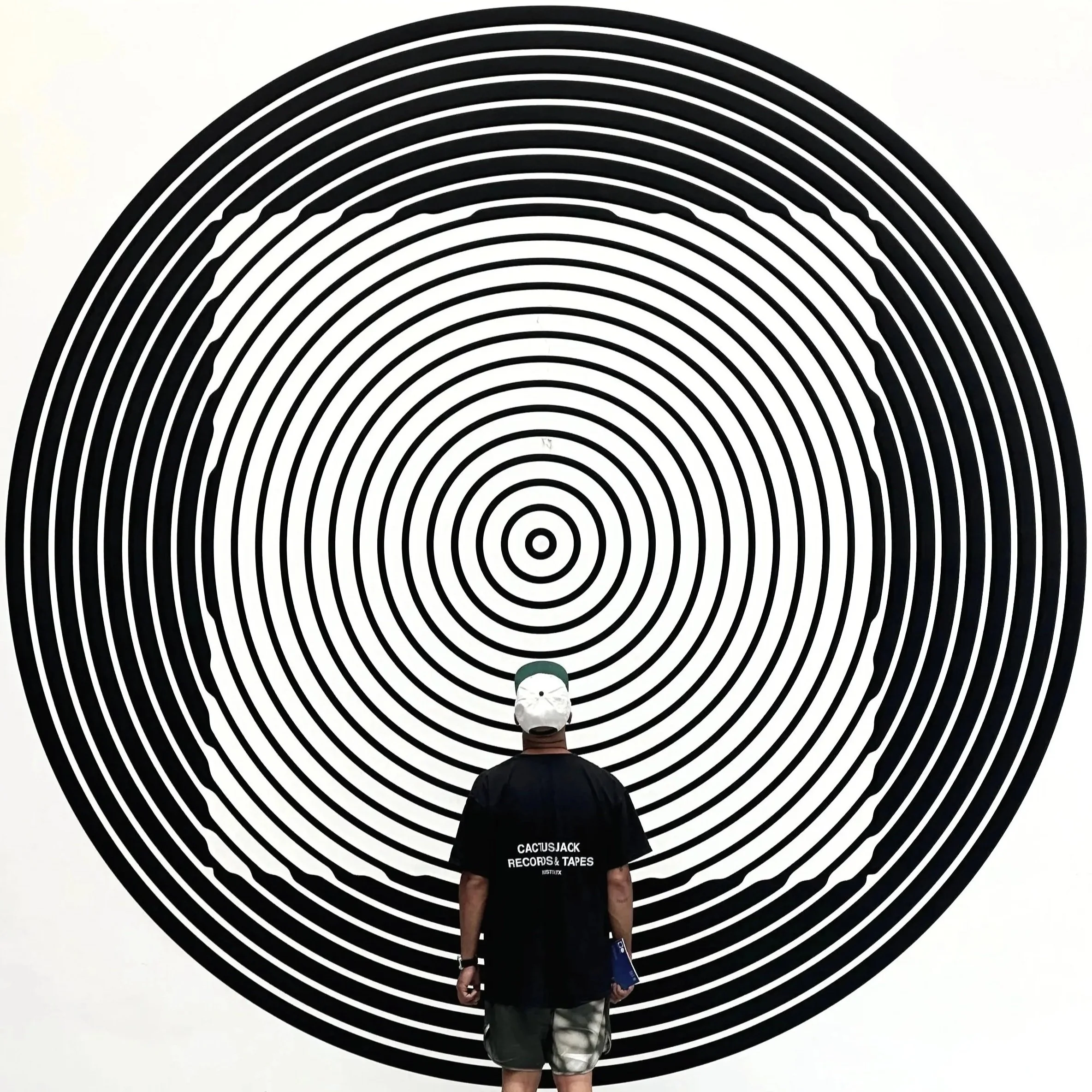 Une personne vue de dos se tenant devant une installation artistique composée de cercles concentriques noirs et blancs.