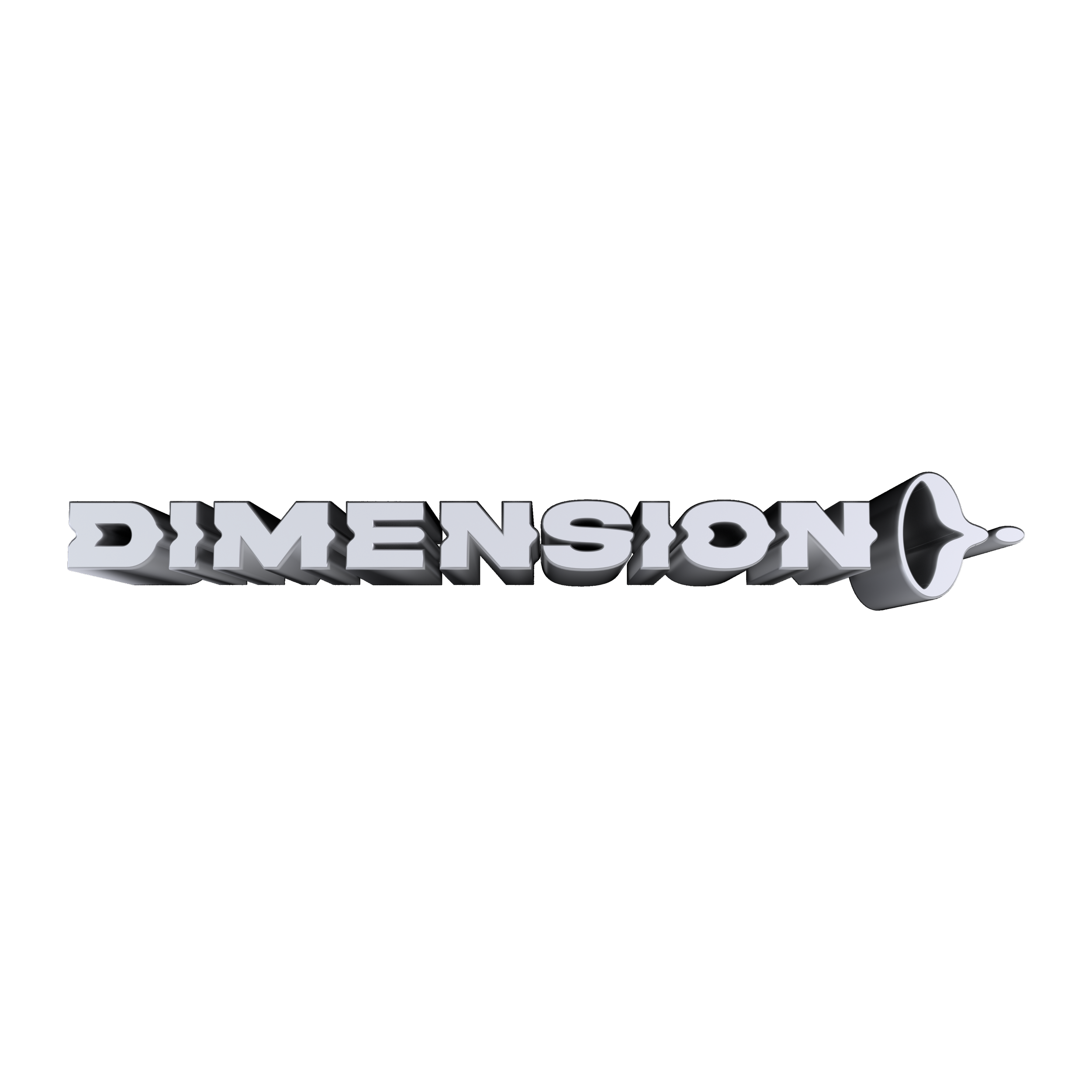 Le logo du jeu vidéo Dimension avec un fond noir et une écriture en 3D marron clair, le mot 'DIMENSION' et une clé à molette stylisée à droite.