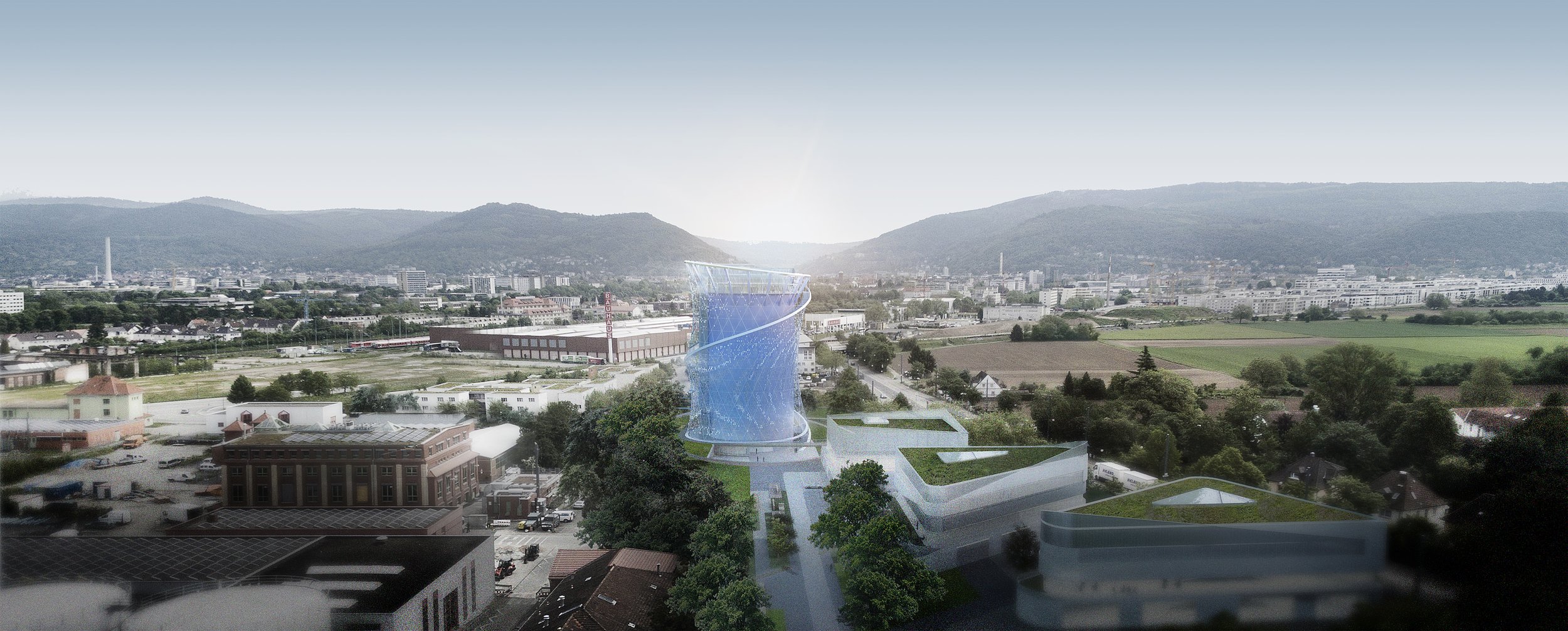 Aerial architectural rendering of the Heidelberg Energy Tower showing the transformed infrastructure landmark within the urban fabric.