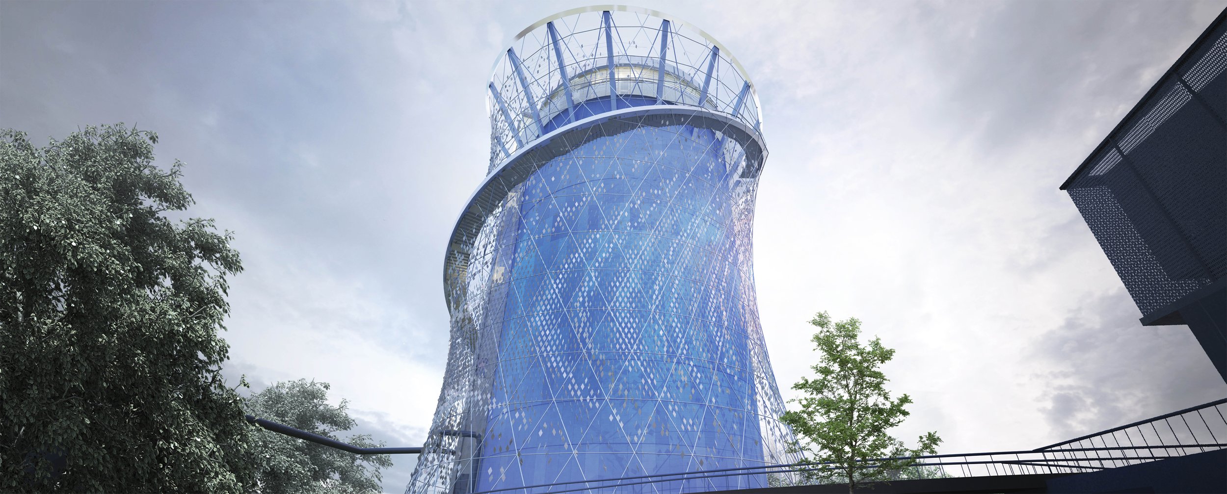 Ground-level visualization of the Heidelberg Energy Tower highlighting the relationship between infrastructure, public access, and landscape.