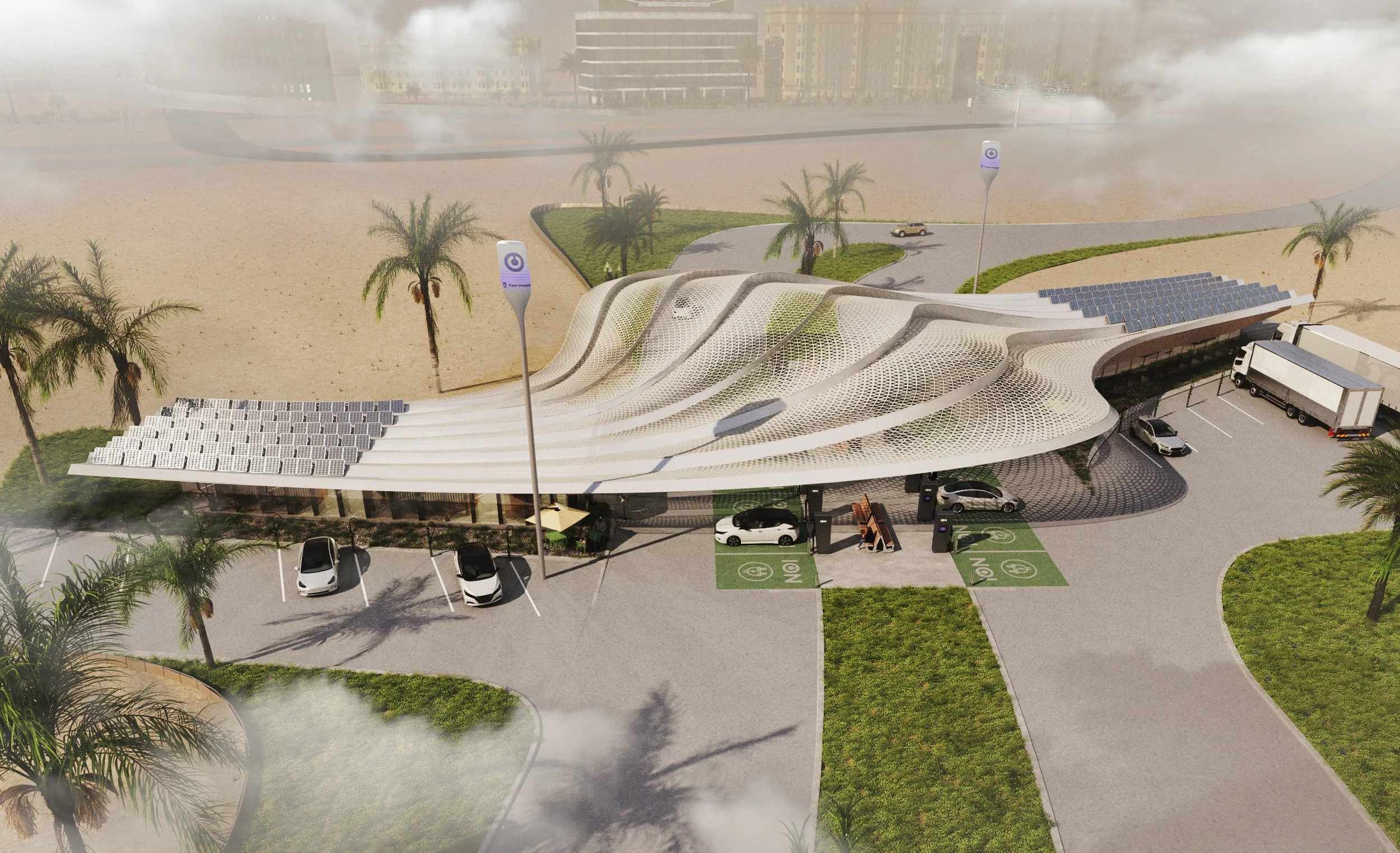 Aerial visualization of the Dubai Charging Hub mobility infrastructure project.
