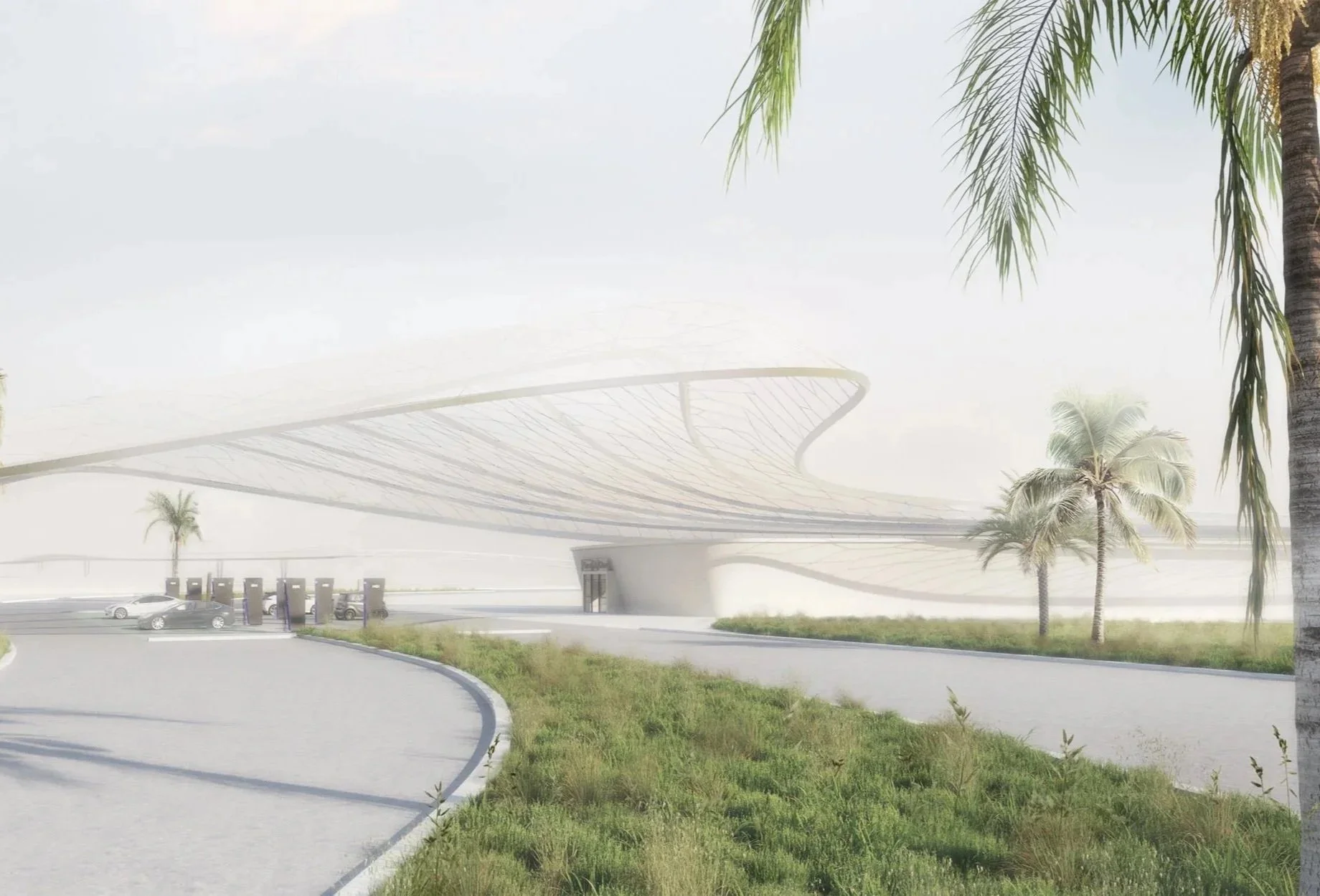 Atmospheric visualization of the Dubai Charging Hub mobility infrastructure project.