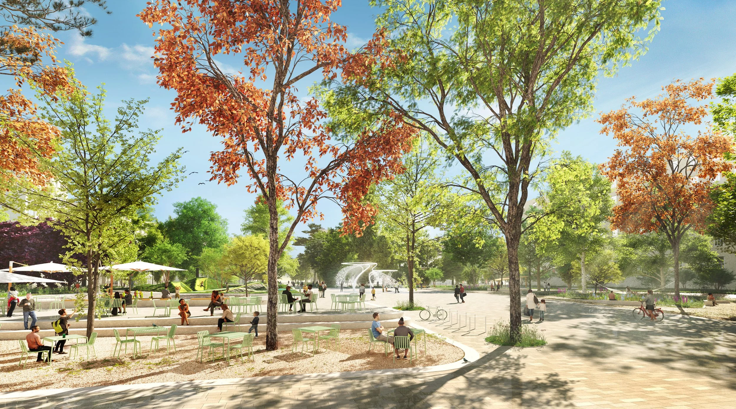 Public realm visualization of the Pankow Promenade featuring shaded seating areas, play spaces, pedestrian passageways, and the restored Mill Fountain water feature.