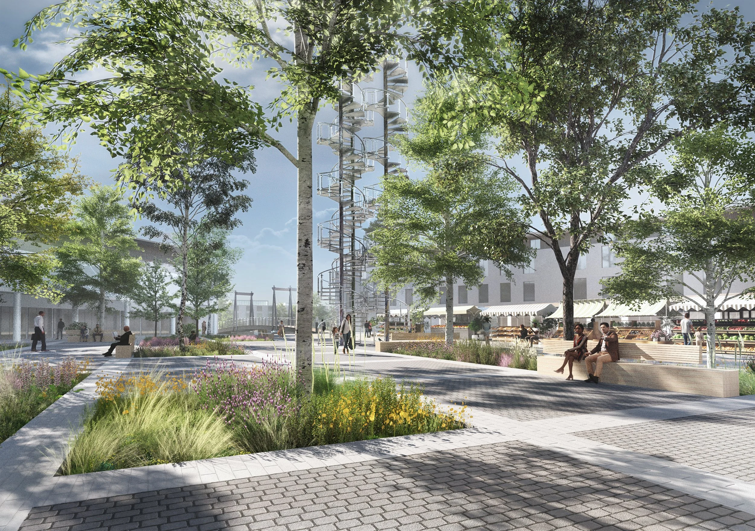 Urban public space visualization of Fleetplatz in Oberbillwerder showing market activity, permeable paving, seating areas, and the waterfront promenade.