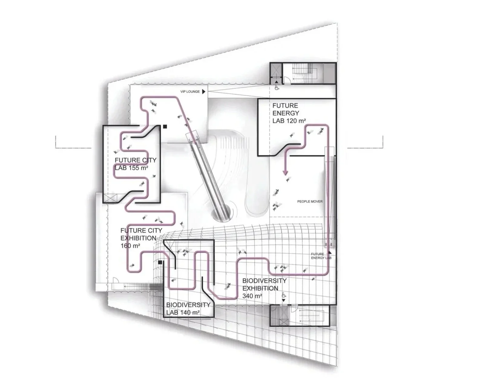 Architectural floor plan diagram highlighting the modular campus structure of the EXPO 2020 German Pavilion.