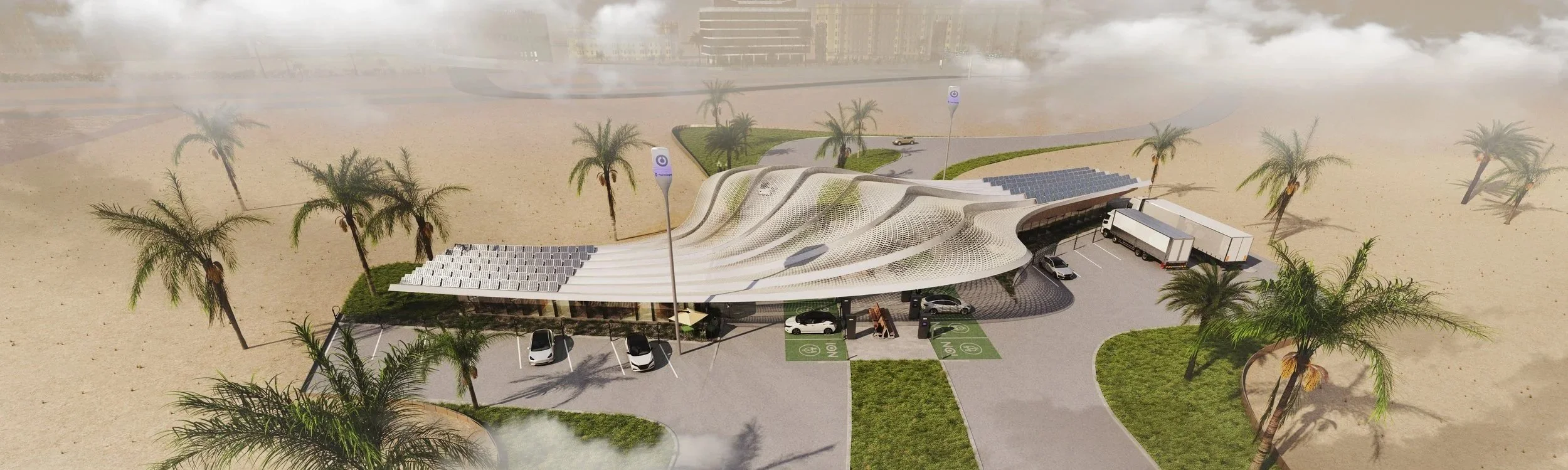 Aerial visualization of the Dubai Charging Hub mobility infrastructure project.