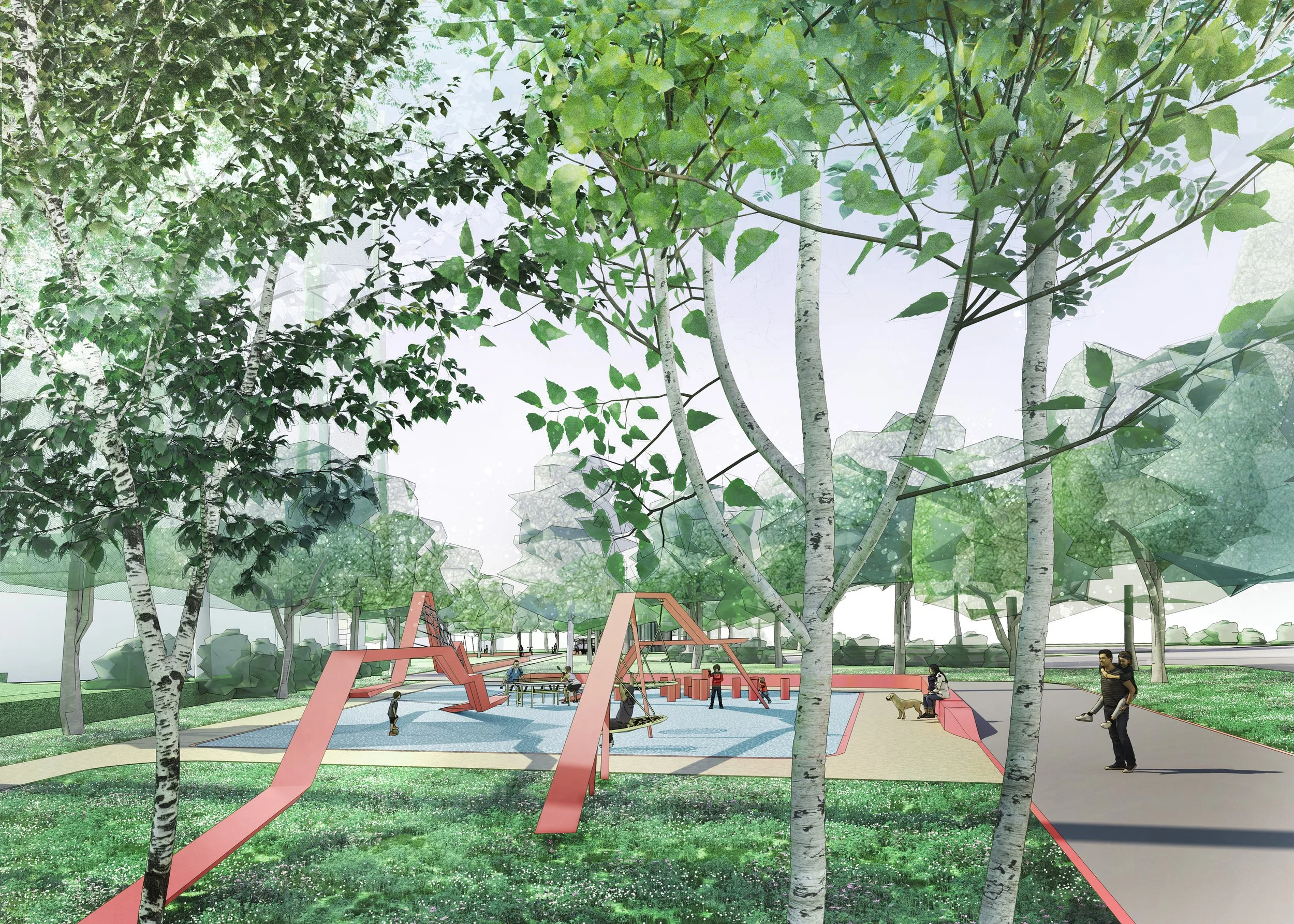 Illustration of a park playground framed by birch trees.