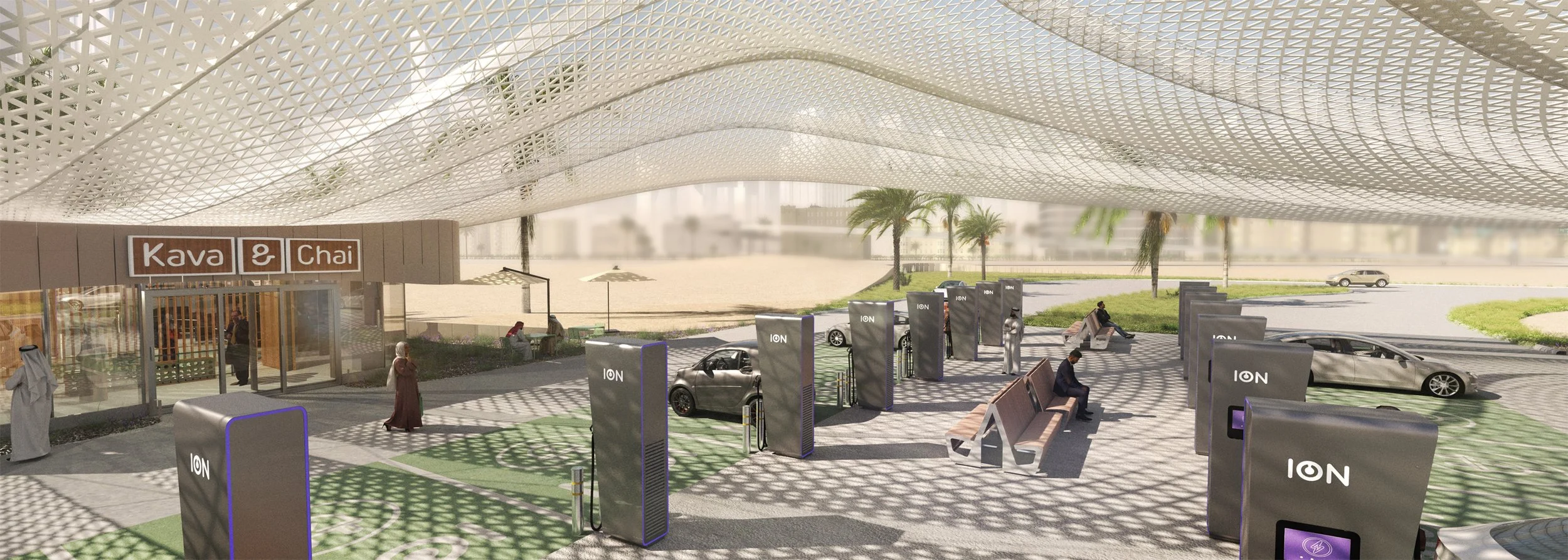 Architectural visualization beneath the fluid canopy structure of the Dubai Charging Hub highlighting circulation, lighting, and mobility infrastructure.