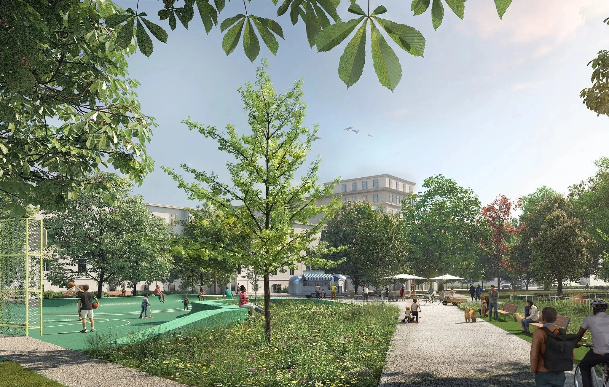 Public park view near Karl-Marx-Allee in Berlin.