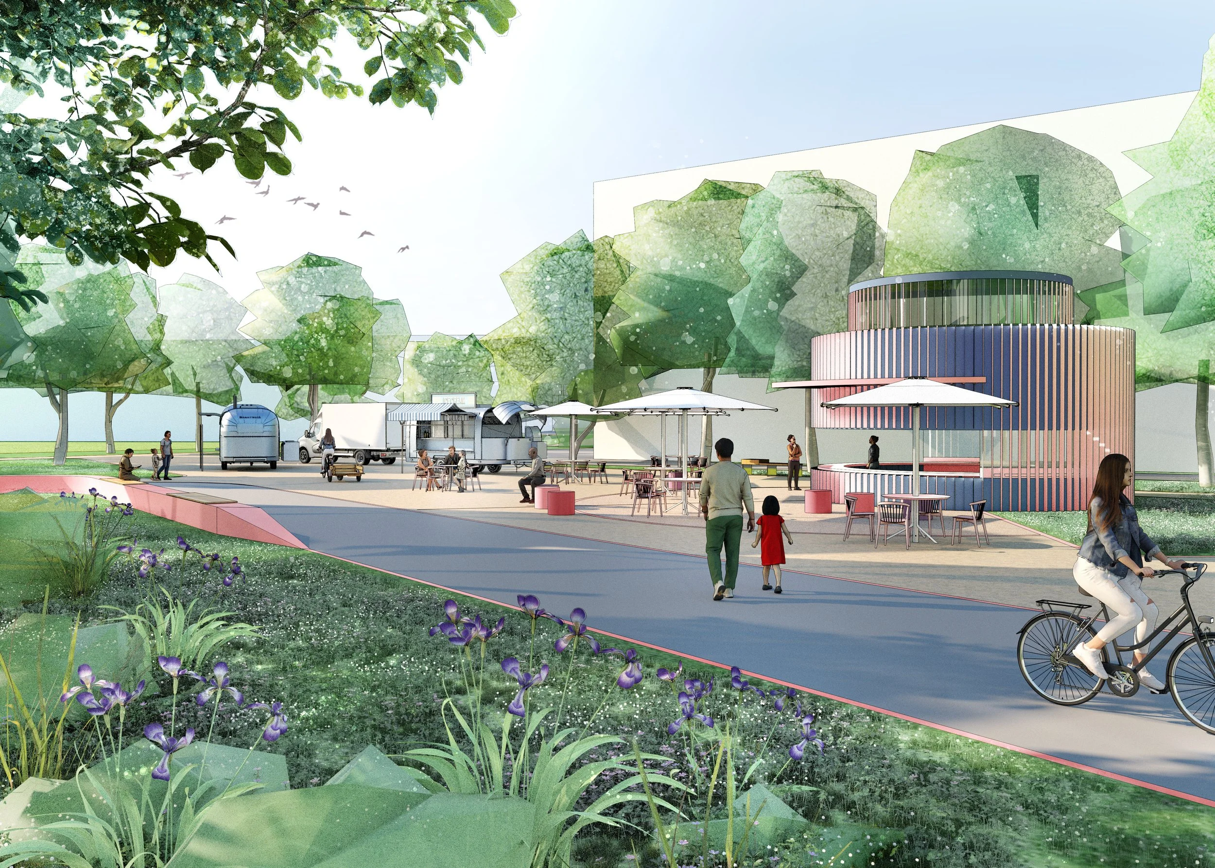 Illustration of a lively urban park plaza and pavilion.