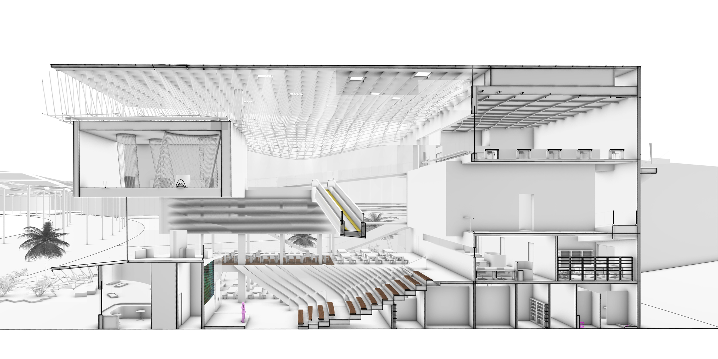 North-facing sectional diagram of the EXPO 2020 German Pavilion showing the vertical campus organization and environmental systems.