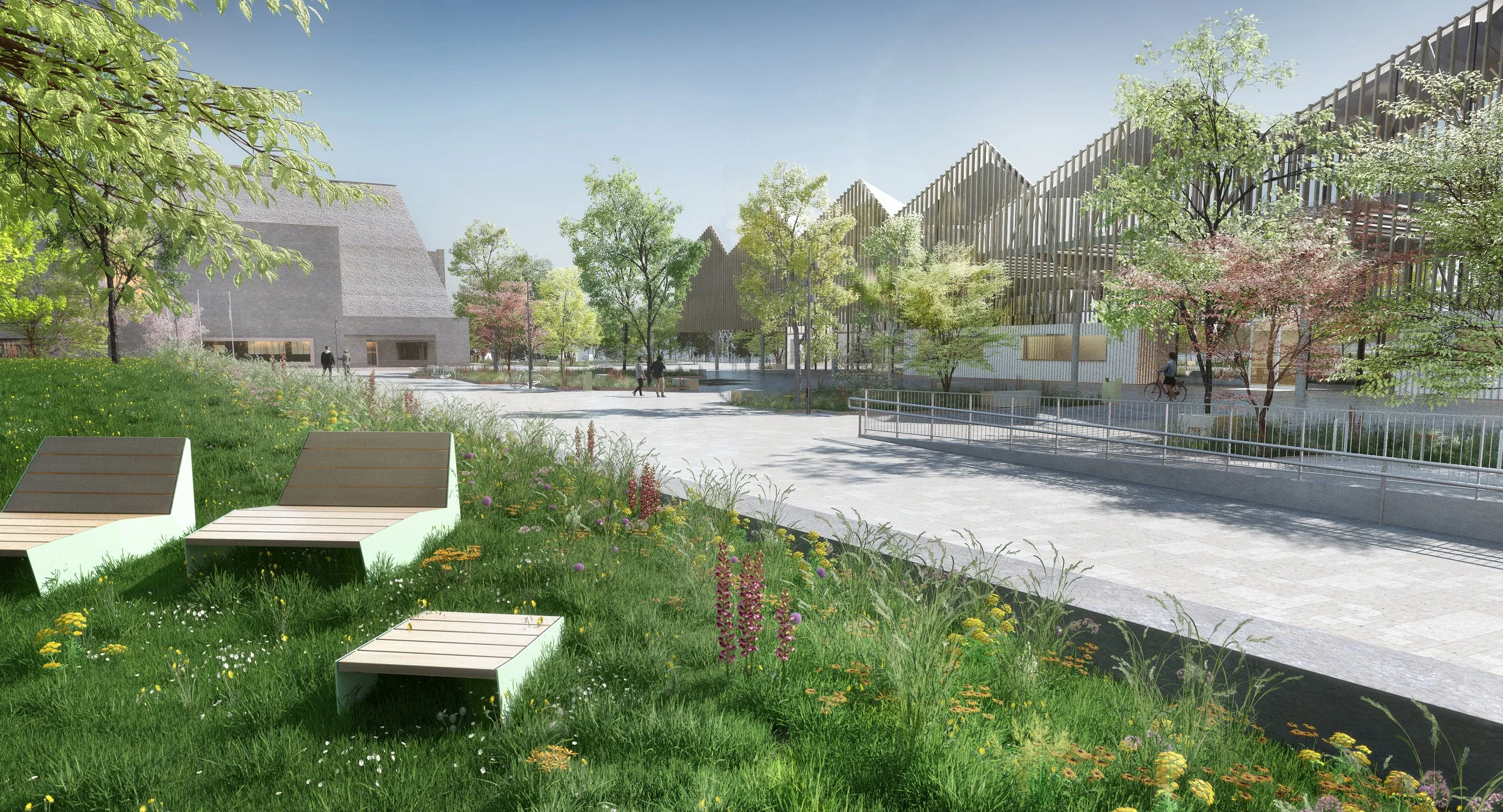 Public green space near Halle 625 in Rostock Harbor.