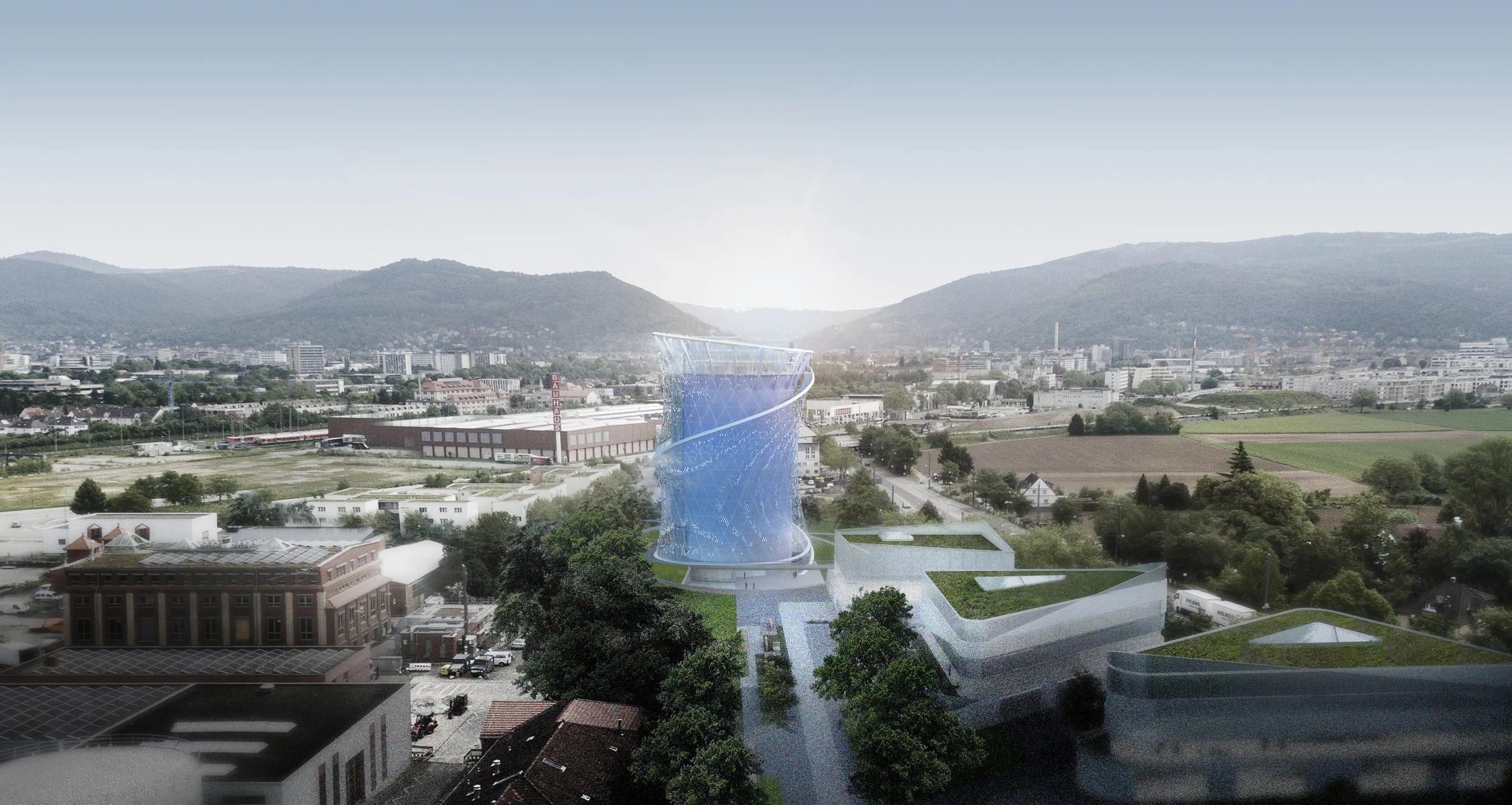 Aerial visualization of the Heidelberg Energy Tower integrated into the surrounding city.
