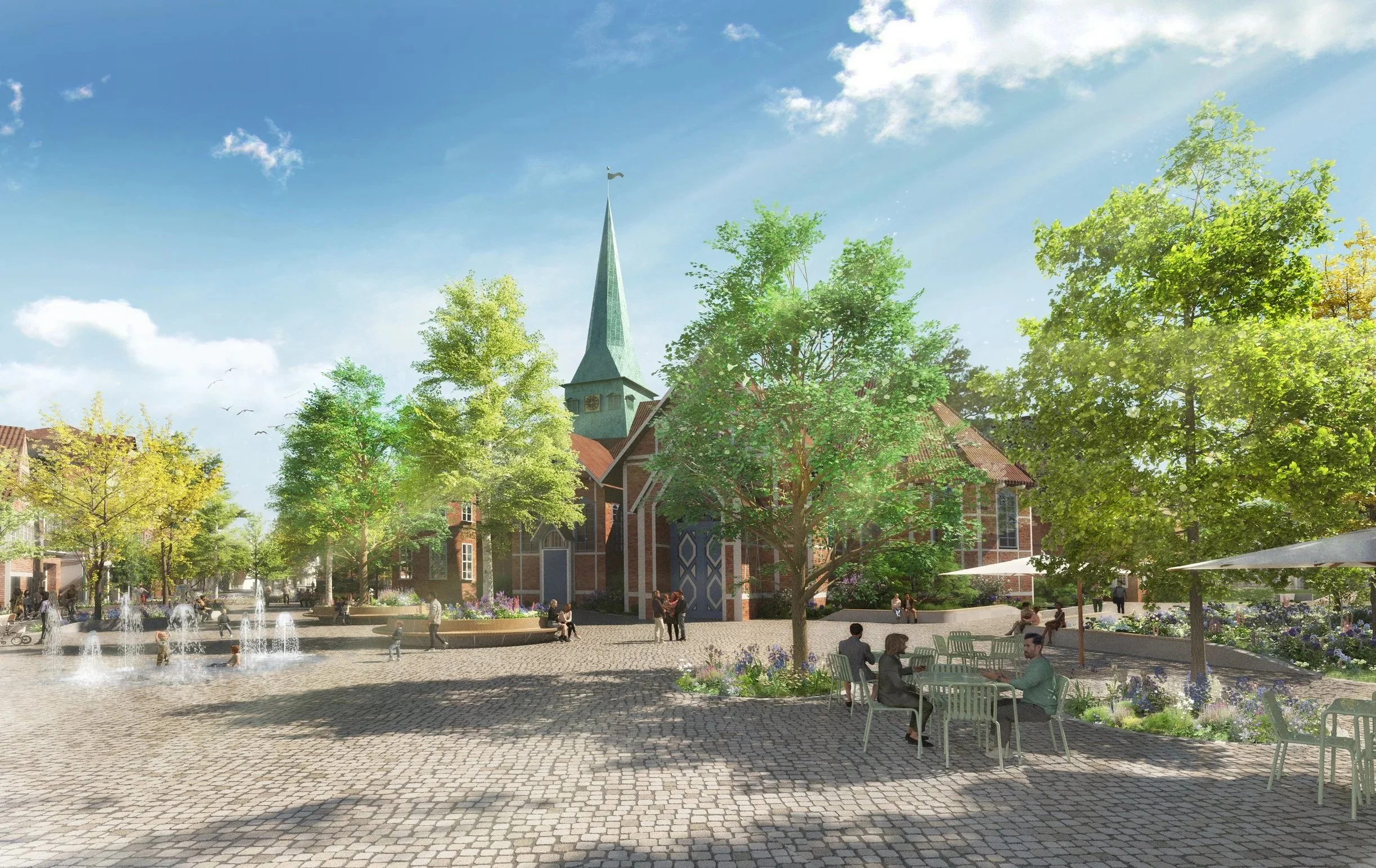 Urban design visualization of Market Square Bergedorf featuring outdoor café seating and framed views toward the historic St. Petri und Pauli Church.