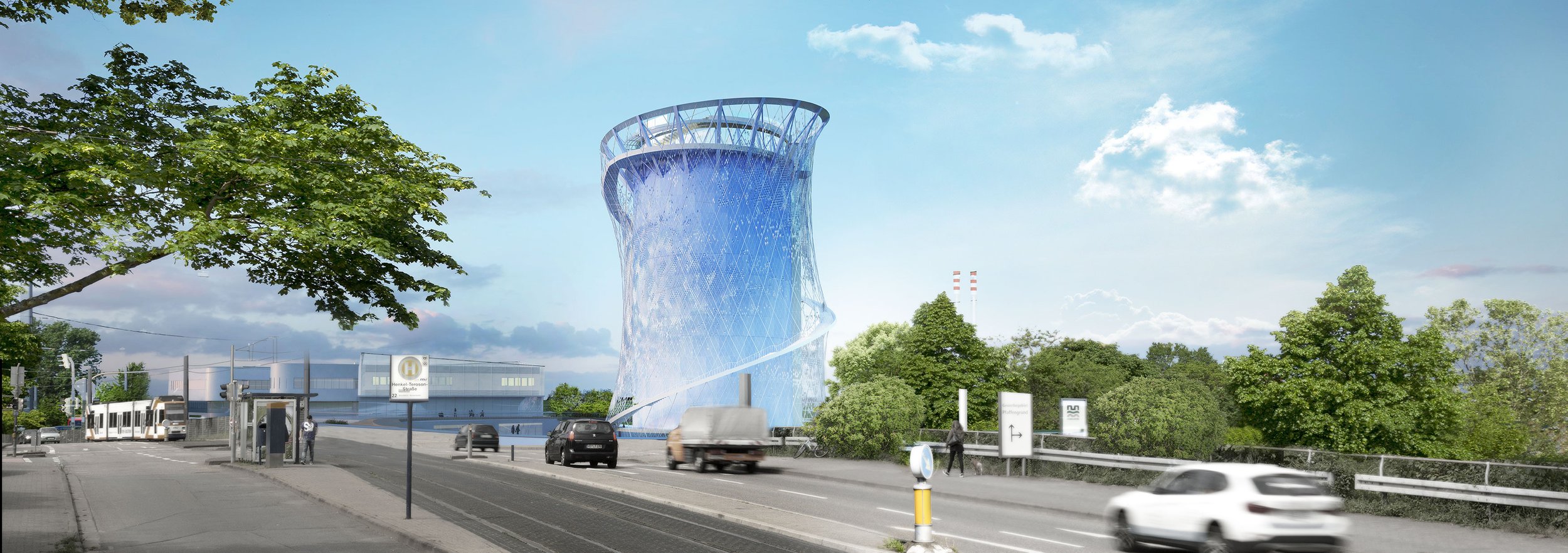 Pedestrian perspective of the Heidelberg Energy Tower showing the spiraling public staircase and elevated park structure.