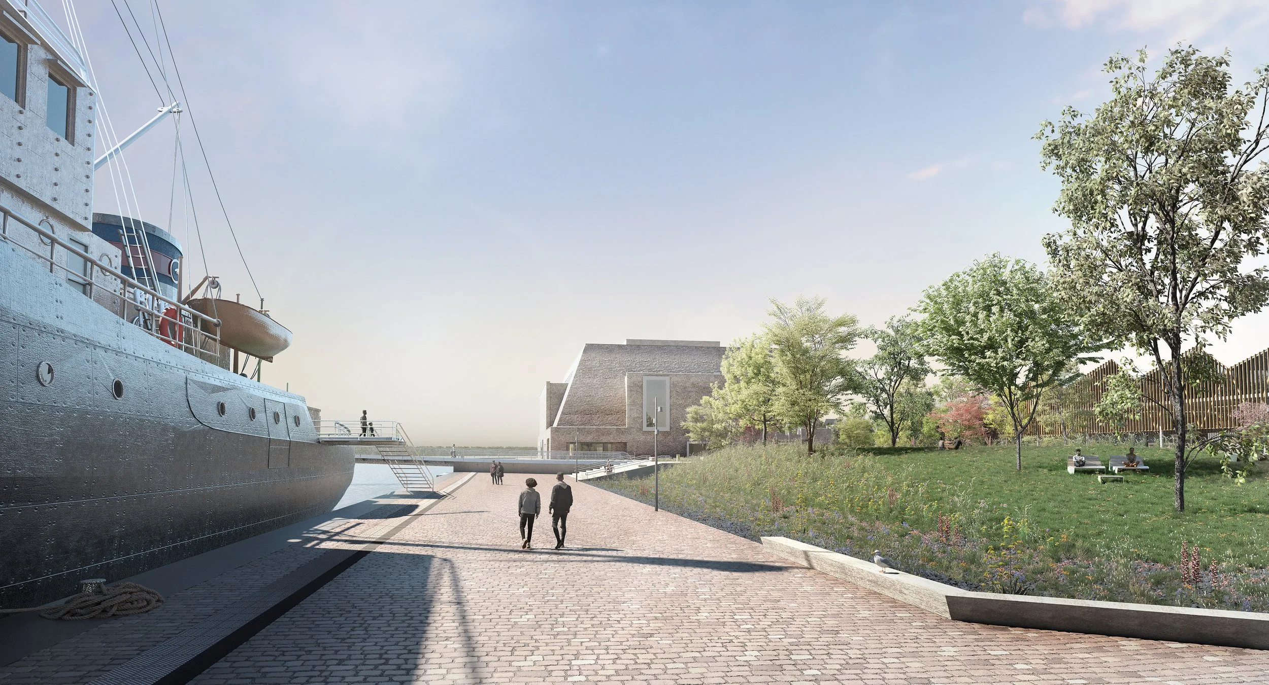 Waterfront promenade visualization for Rostock Harbor.