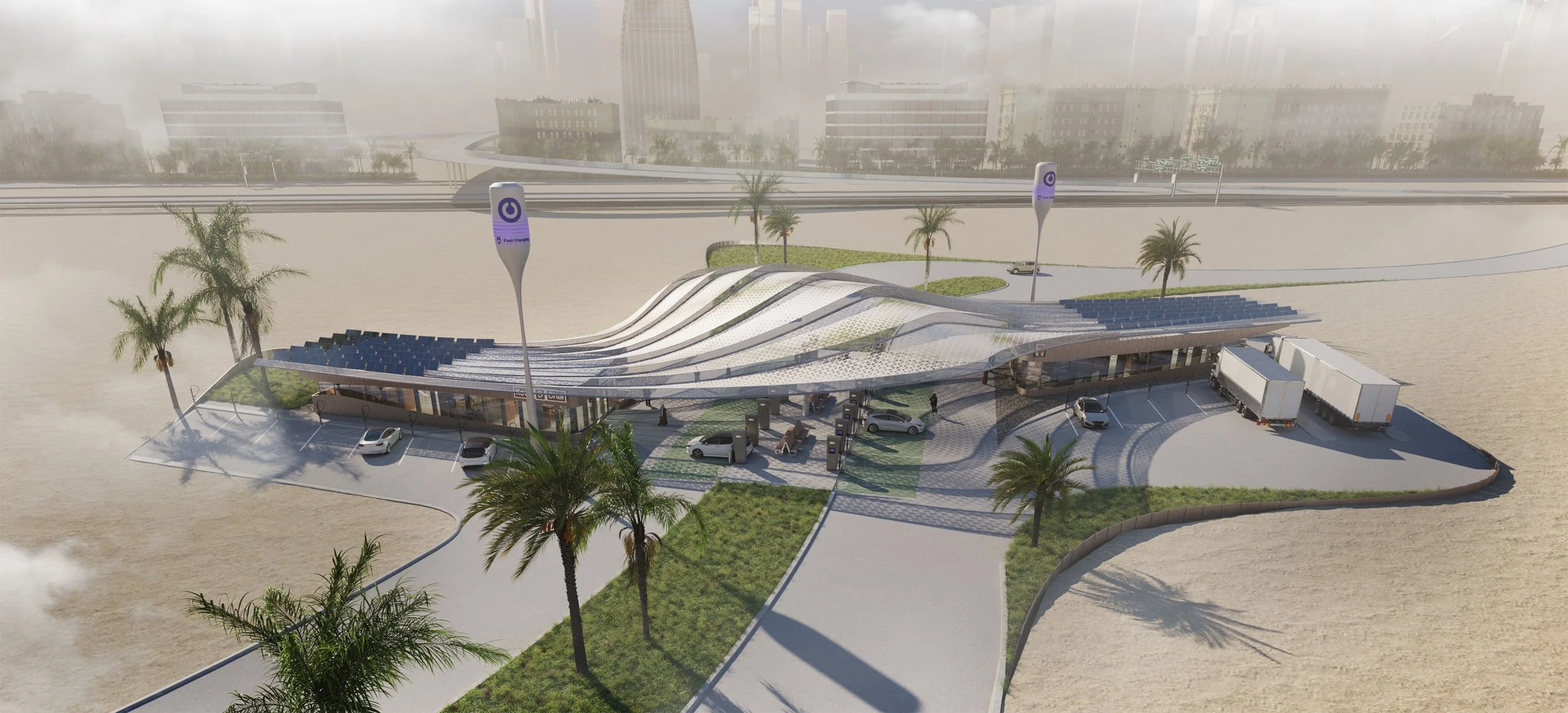 Daytime aerial rendering of the Dubai Charging Hub showing the aerodynamic roof forms and integrated urban mobility program.