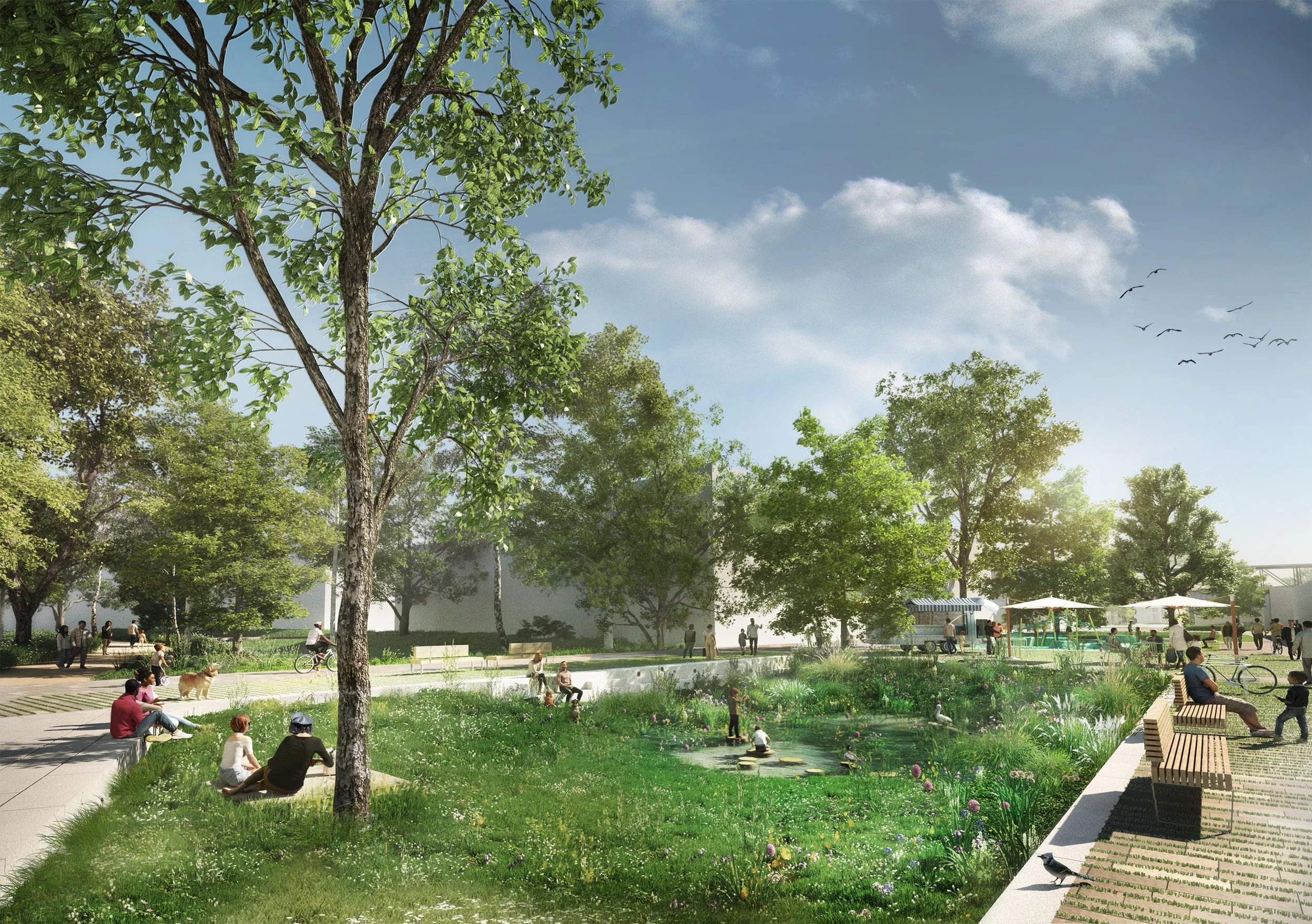 Water retention landscape and play space within the Oberbillwerder central axis.