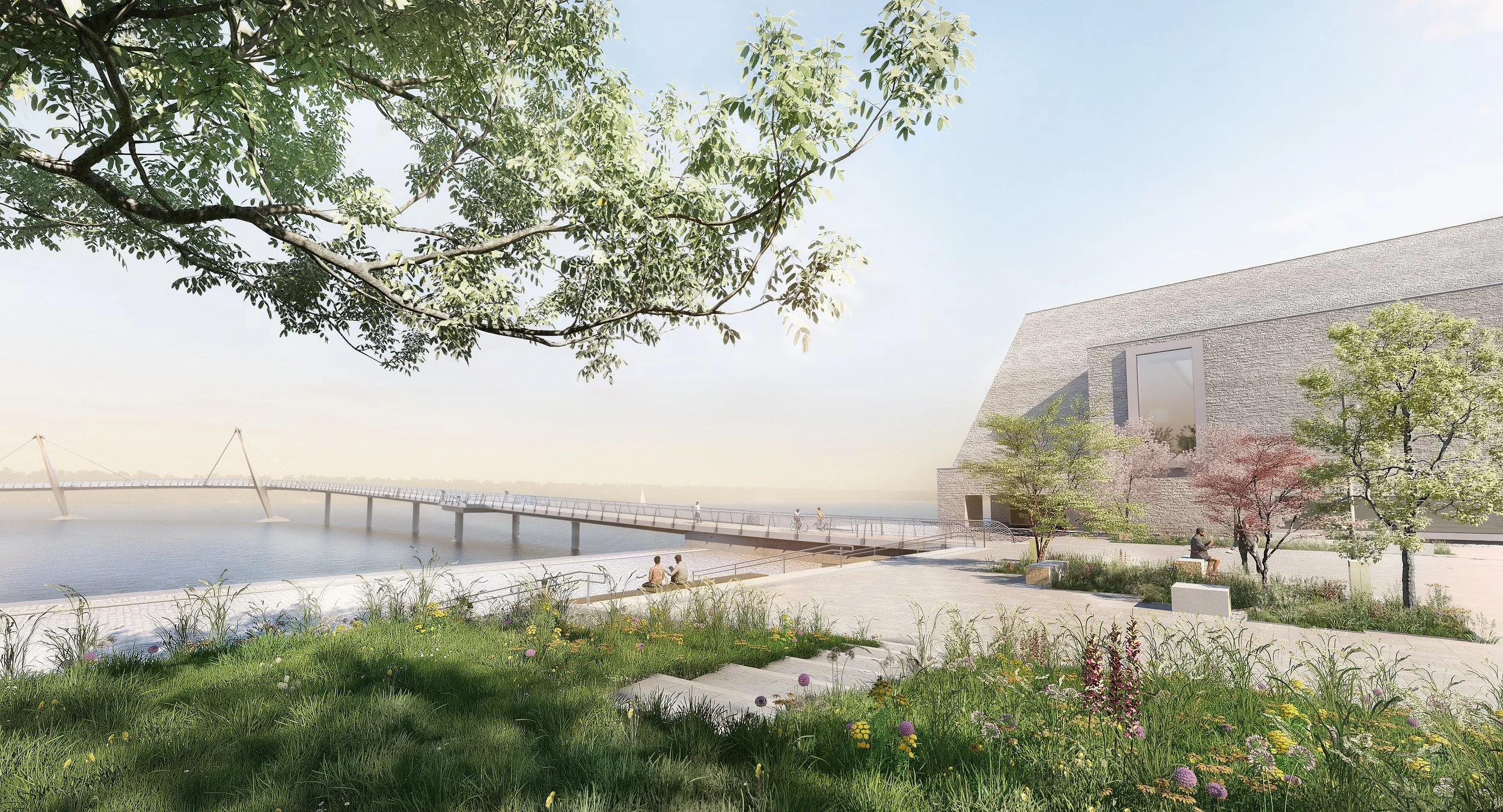 Landscape visualization showing the open meadow and pedestrian connection toward the State Archaeological Museum in Rostock Harbor.