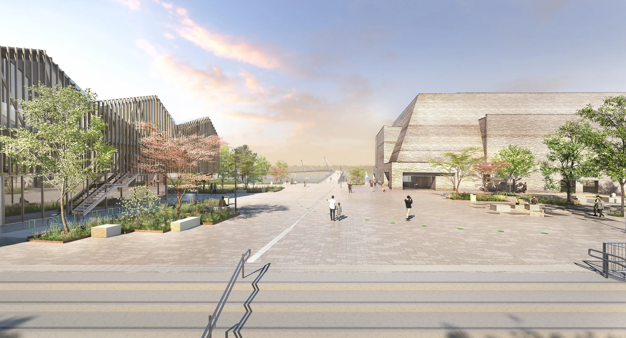 Public plaza entrance within the Rostock Harbor redevelopment.