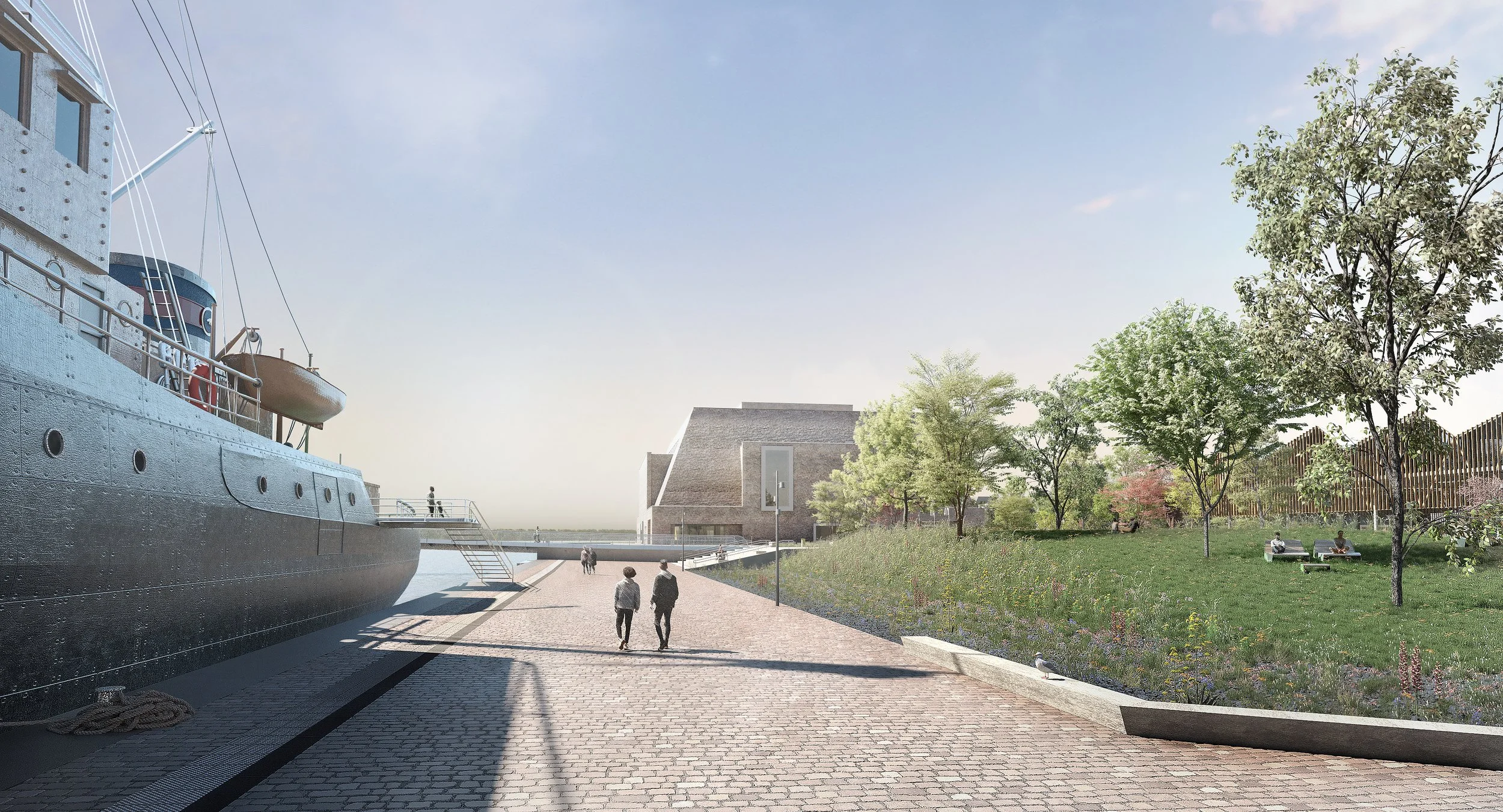 Waterfront promenade visualization for Rostock Harbor.