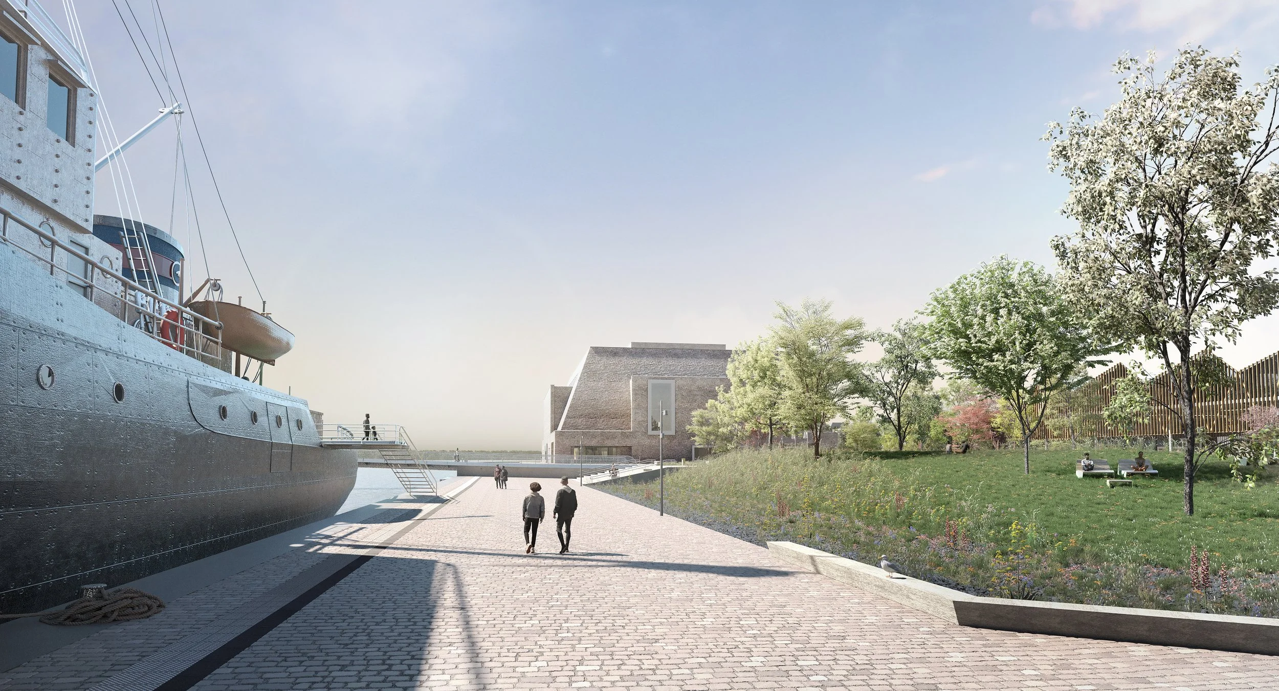 Waterfront promenade visualization in Rostock Harbor featuring the historic ship Stephan Jantzen and new public spaces along the water's edge.
