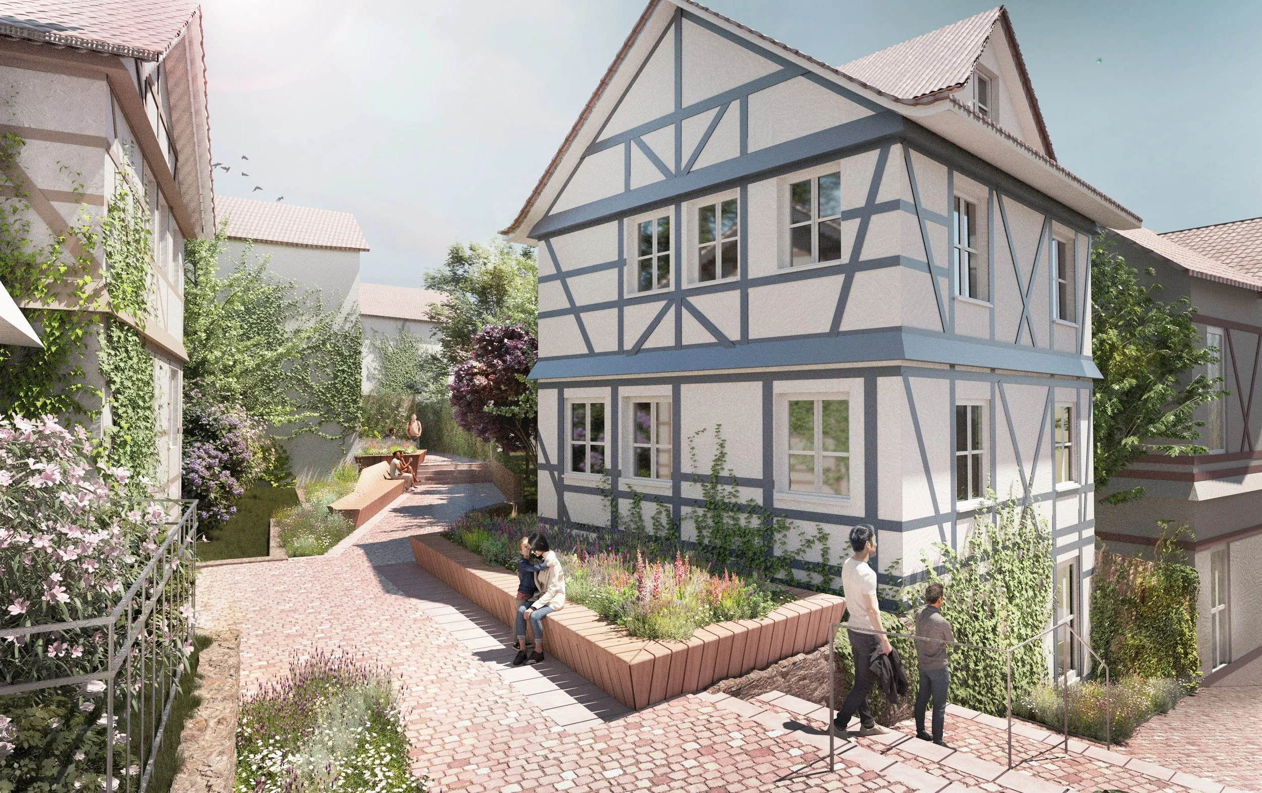 Urban design visualization of the Rübenstein passage in Marburg showing planted neighborhood spaces and intimate gathering areas within the historic streetscape.