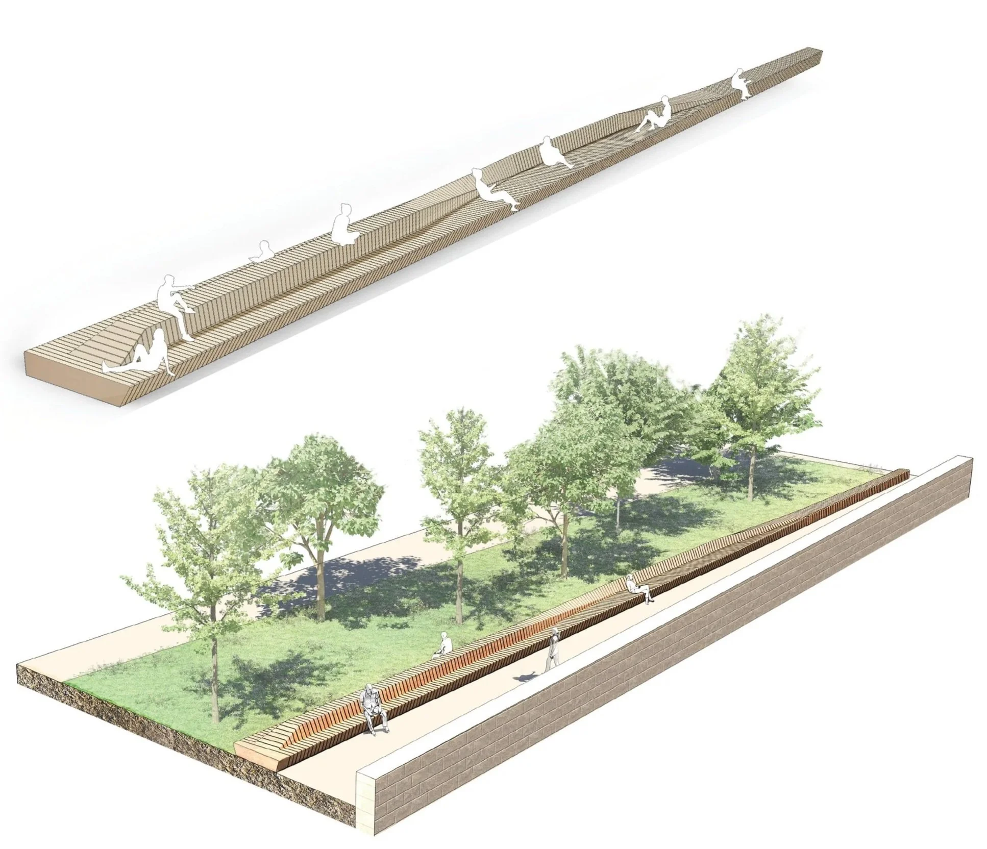 Detailed visualization of the Marburg panoramic bench, designed as a flexible public seating and gathering element overlooking the historic city panorama.