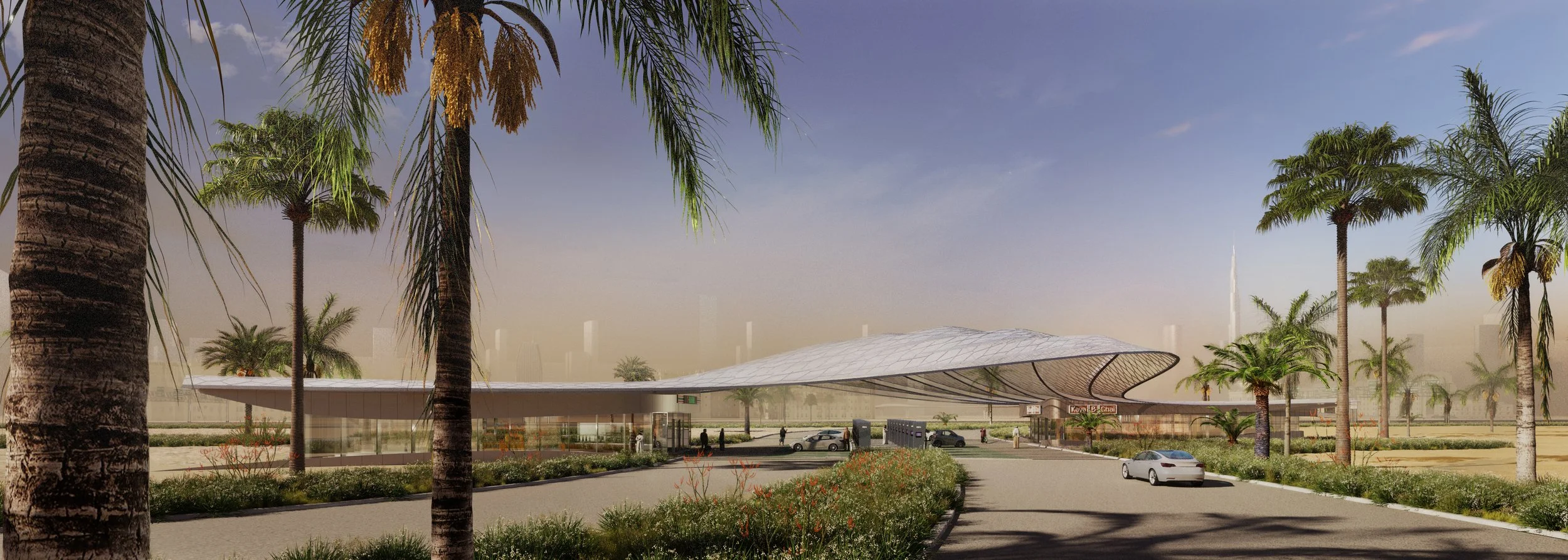 Street-level view of the Dubai Charging Hub.