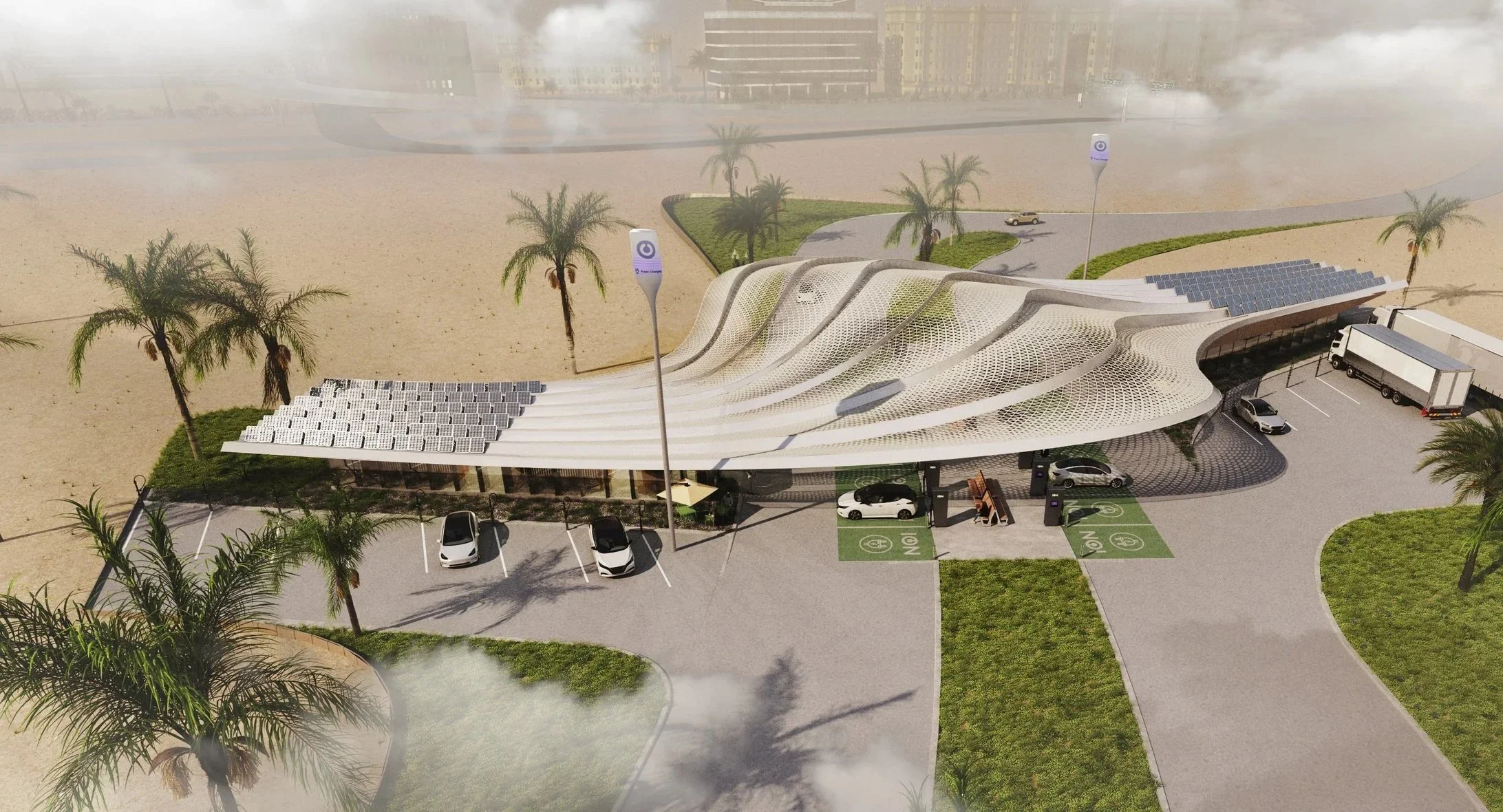 Aerial visualization of the Dubai Charging Hub mobility infrastructure project.