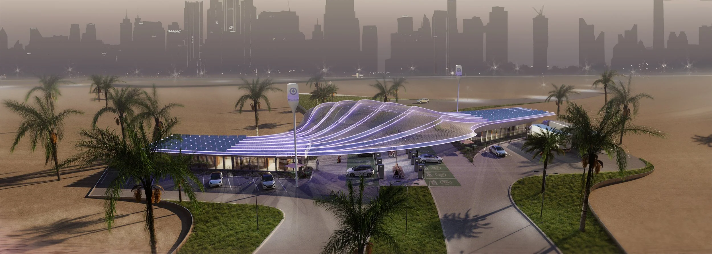 Nighttime aerial visualization of the Dubai Charging Hub illustrating illuminated canopy structures and electric vehicle charging infrastructure within the urban landscape.