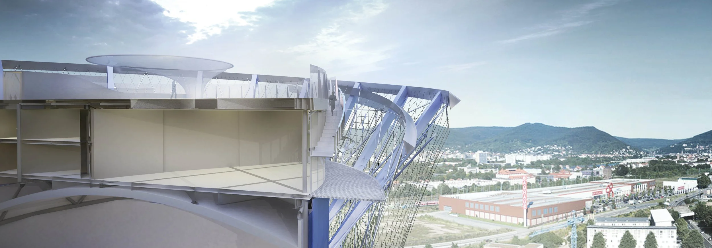 Sectional architectural visualization showing the rooftop park, spiral staircase, and panoramic terrace within the Heidelberg Energy Tower project.