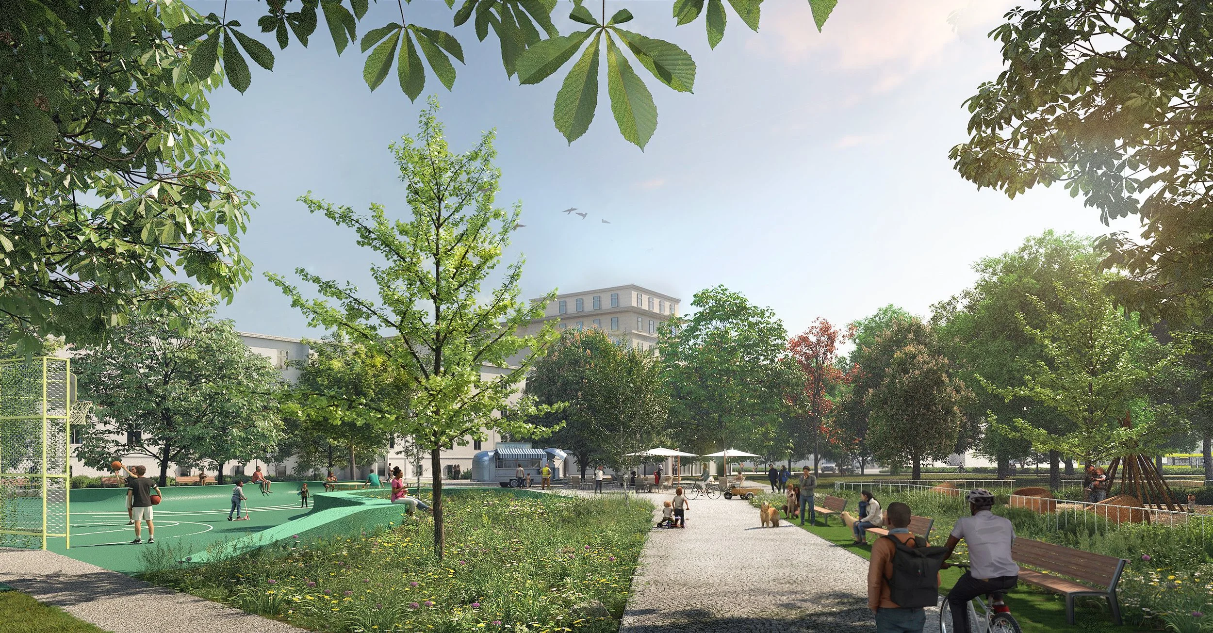 Public realm visualization of Park am Koppenstrasse showing shaded playgrounds, mature chestnut trees, and community gathering spaces facing Karl-Marx-Allee.