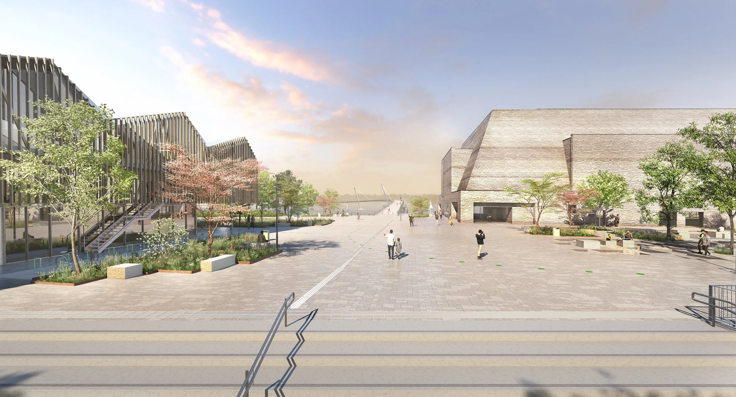 Public plaza entrance within the Rostock Harbor redevelopment.