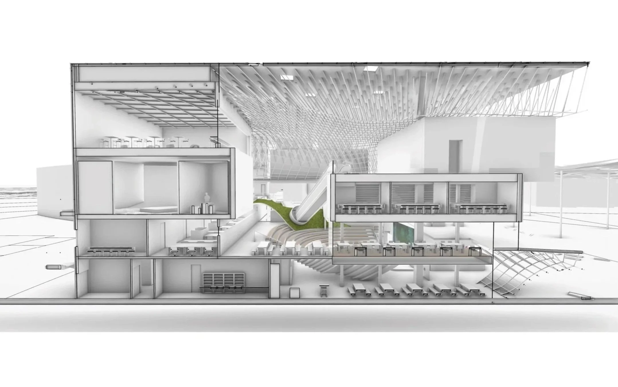South-facing sectional diagram illustrating the exhibition spaces and hybrid ventilation concept within the EXPO 2020 German Pavilion.